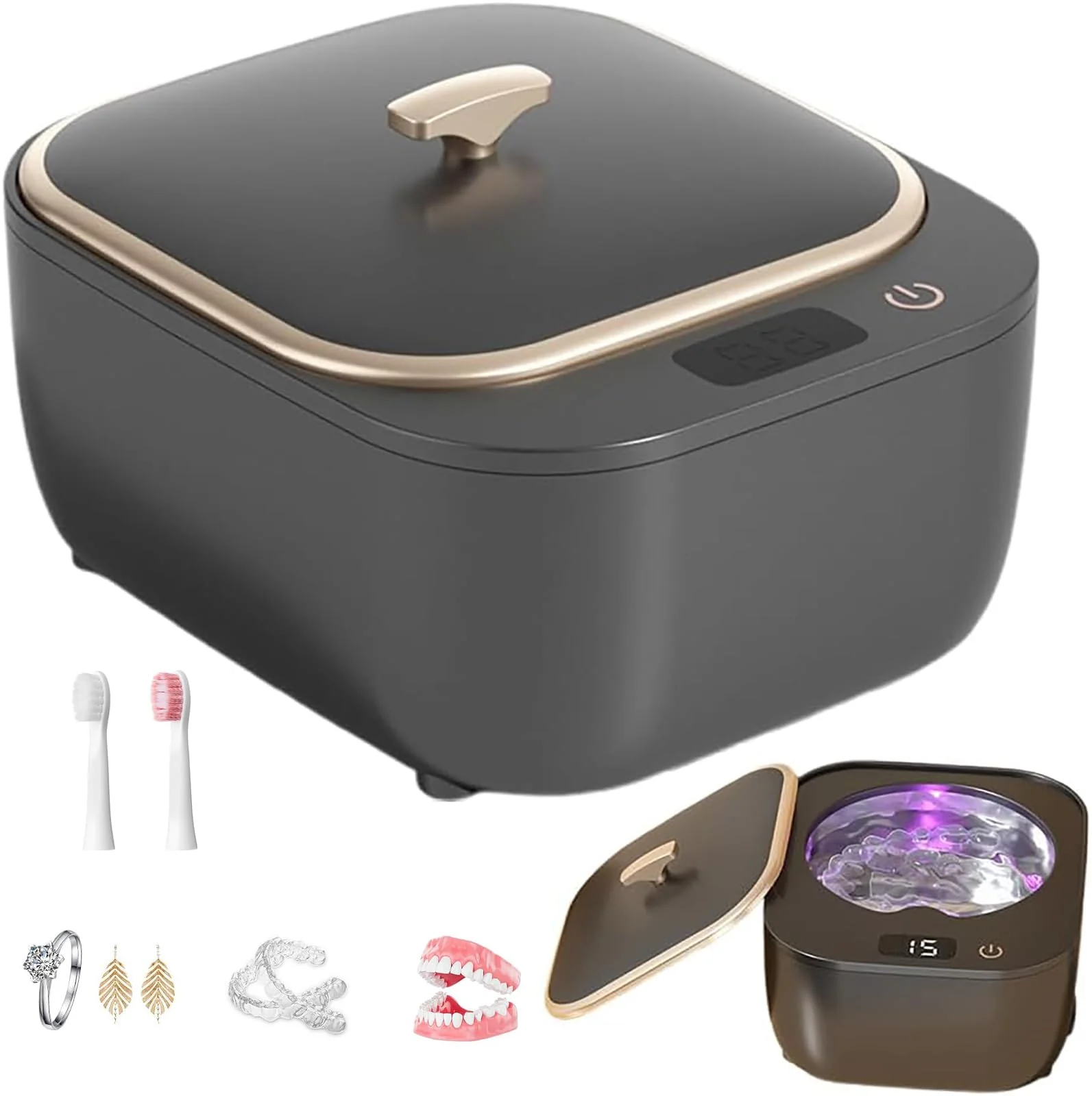 Ultrasonic Cleaning Device for Dentures, 48 kHz 250 ml, Portable Ultrasonic Device with 3 Modes, Ultrasonic Cleaner for Jewellery, Dental Splint, Retainer, Antibacterial Scaler