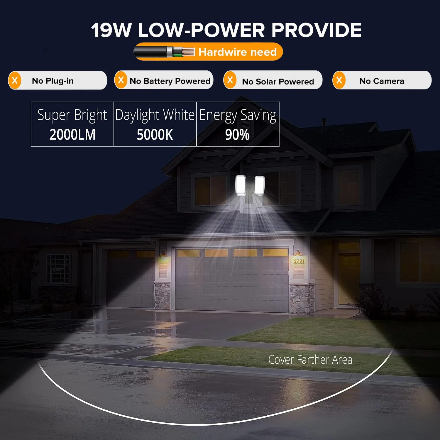 UME 19W LED Flood Light Motion Sensor Outdoor, 2 Adjustable Head, 2000LM, 5000K, IP65 Waterproof, Dusk to Dawn Security Light with Photocell for Exterior,Outside,Garage,House(Black) 1pack Black - Image 2
