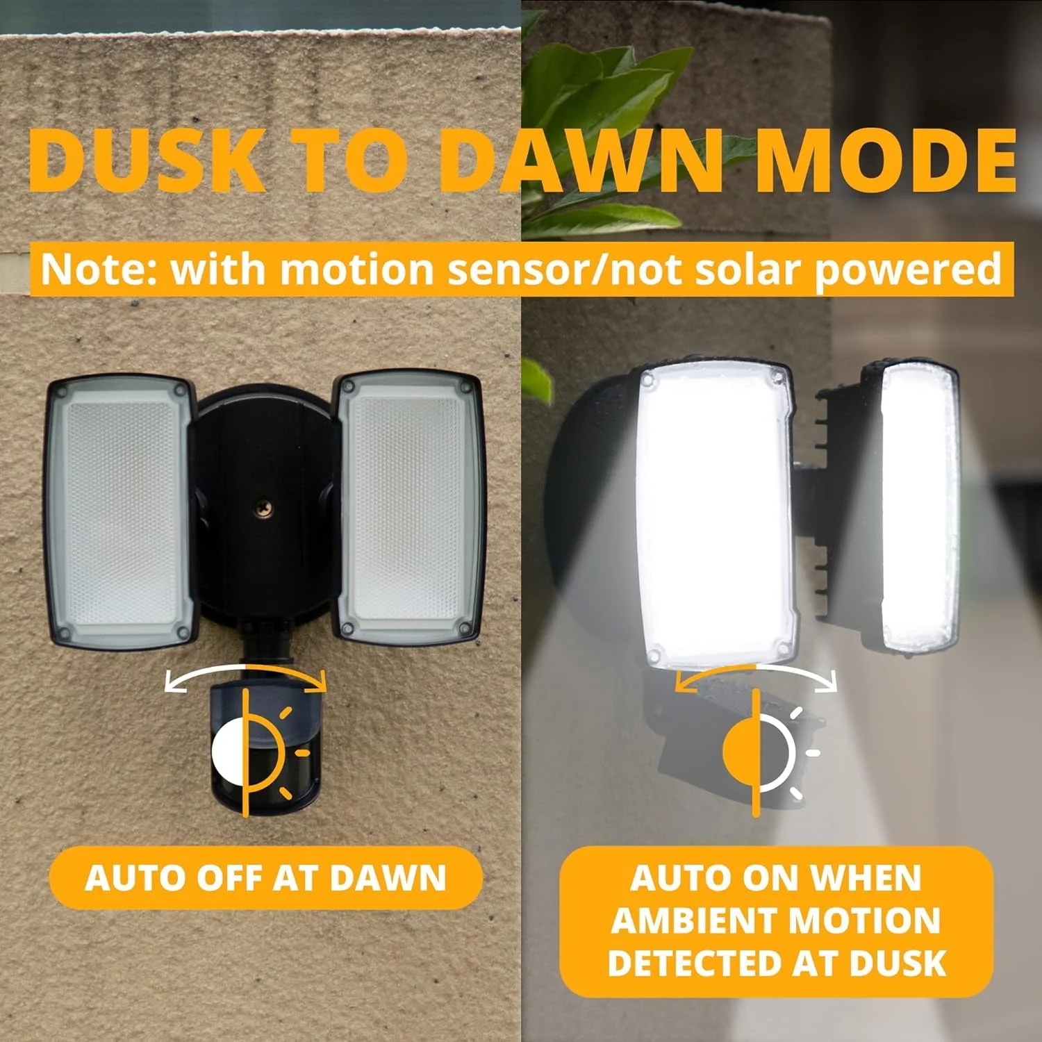 UME 19W LED Flood Light Motion Sensor Outdoor, 2 Adjustable Head, 2000LM, 5000K, IP65 Waterproof, Dusk to Dawn Security Light with Photocell for Exterior,Outside,Garage,House(Black) 1pack Black - Image 4