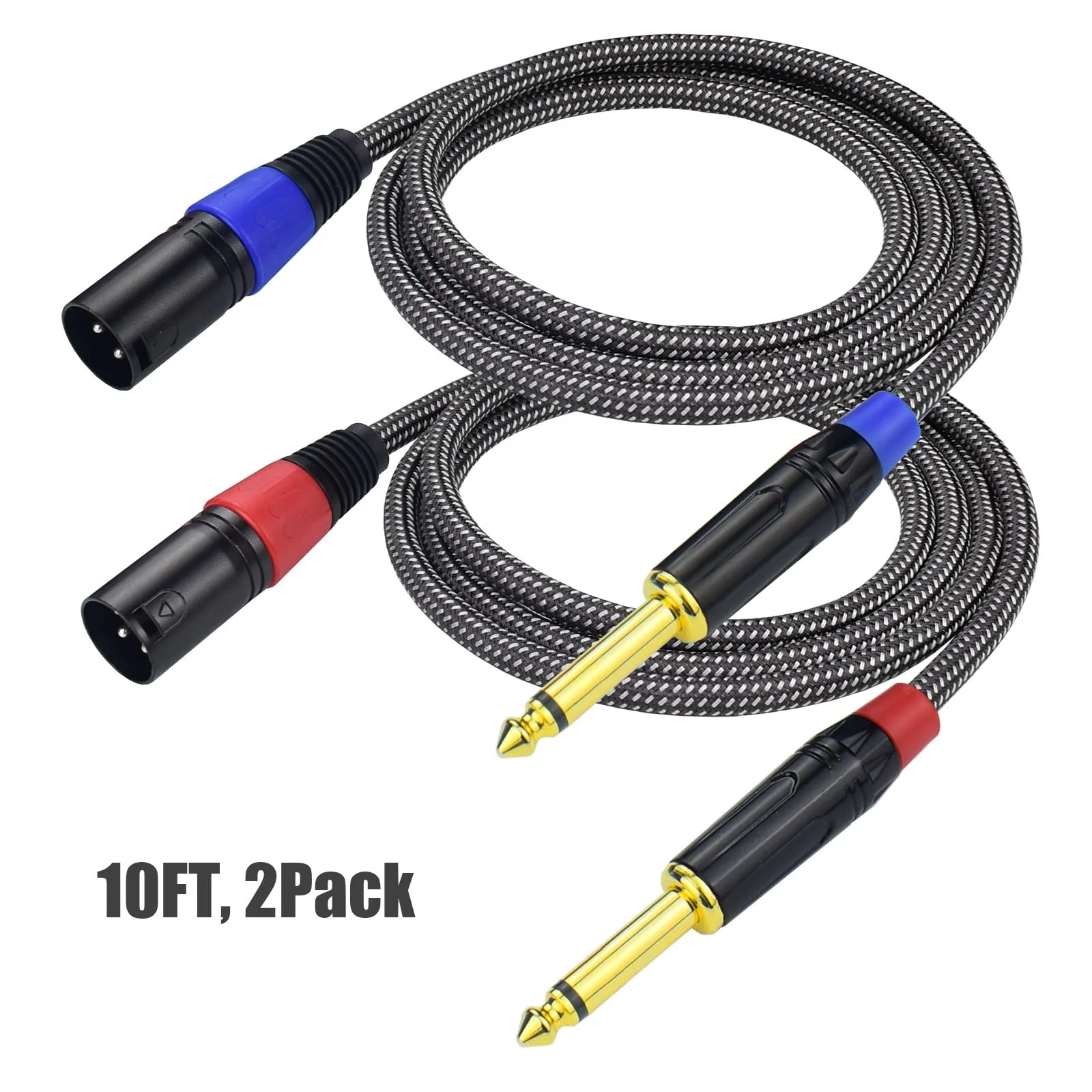 Unbalanced 1/4" TS Mono to XLR Male Microphone Cable, 10Feet 6.35mm Quarter inch to XLR Audio Patch Cord, Nylon Braided Heavy Duty, Copper Shielded Noise Free, for Speaker Mixer - 2Pack 10Feet, 2Pack - Image 2