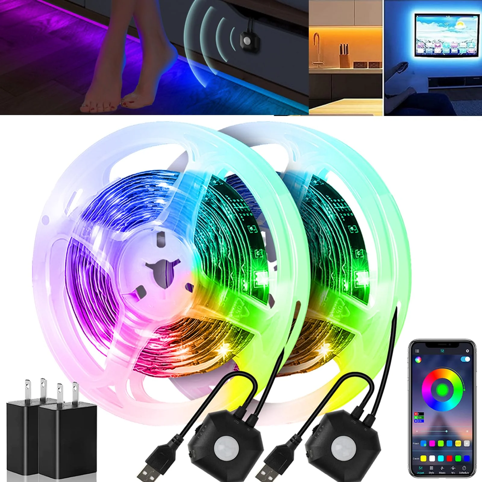 Under Bed Lights 2 Set*9.84ft Motion Activated RGB LED Strip Light, App Control/Variety Color/Dimmable/Dynamic Music Sync/5V USB, Motion Sensor LED Strip Light for Bed Cabinet Staircase Bedroom 2 Sets