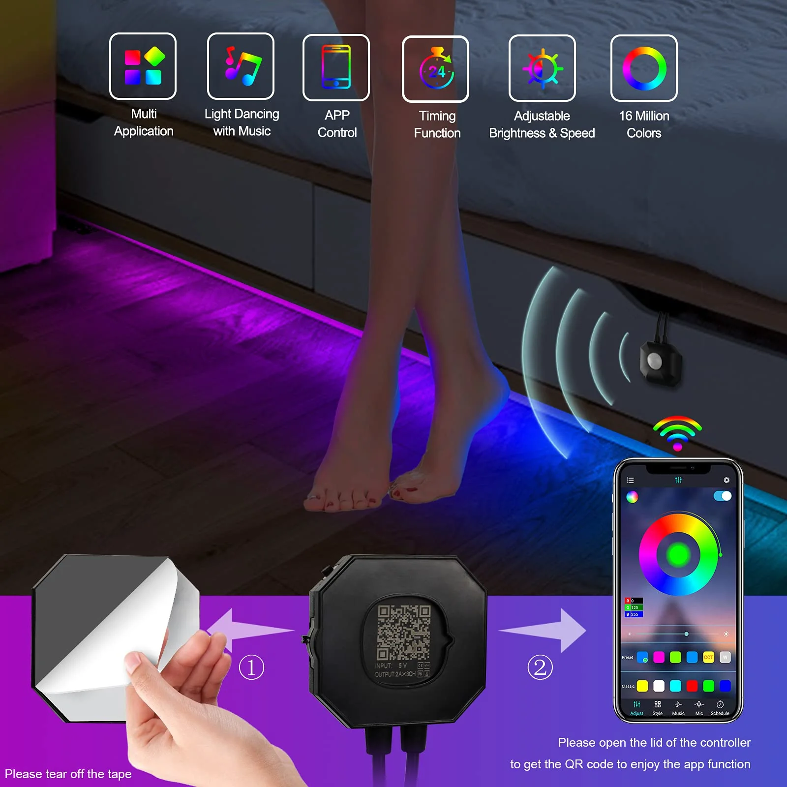 Under Bed Lights 2 Set*9.84ft Motion Activated RGB LED Strip Light, App Control/Variety Color/Dimmable/Dynamic Music Sync/5V USB, Motion Sensor LED Strip Light for Bed Cabinet Staircase Bedroom 2 Sets - Image 3