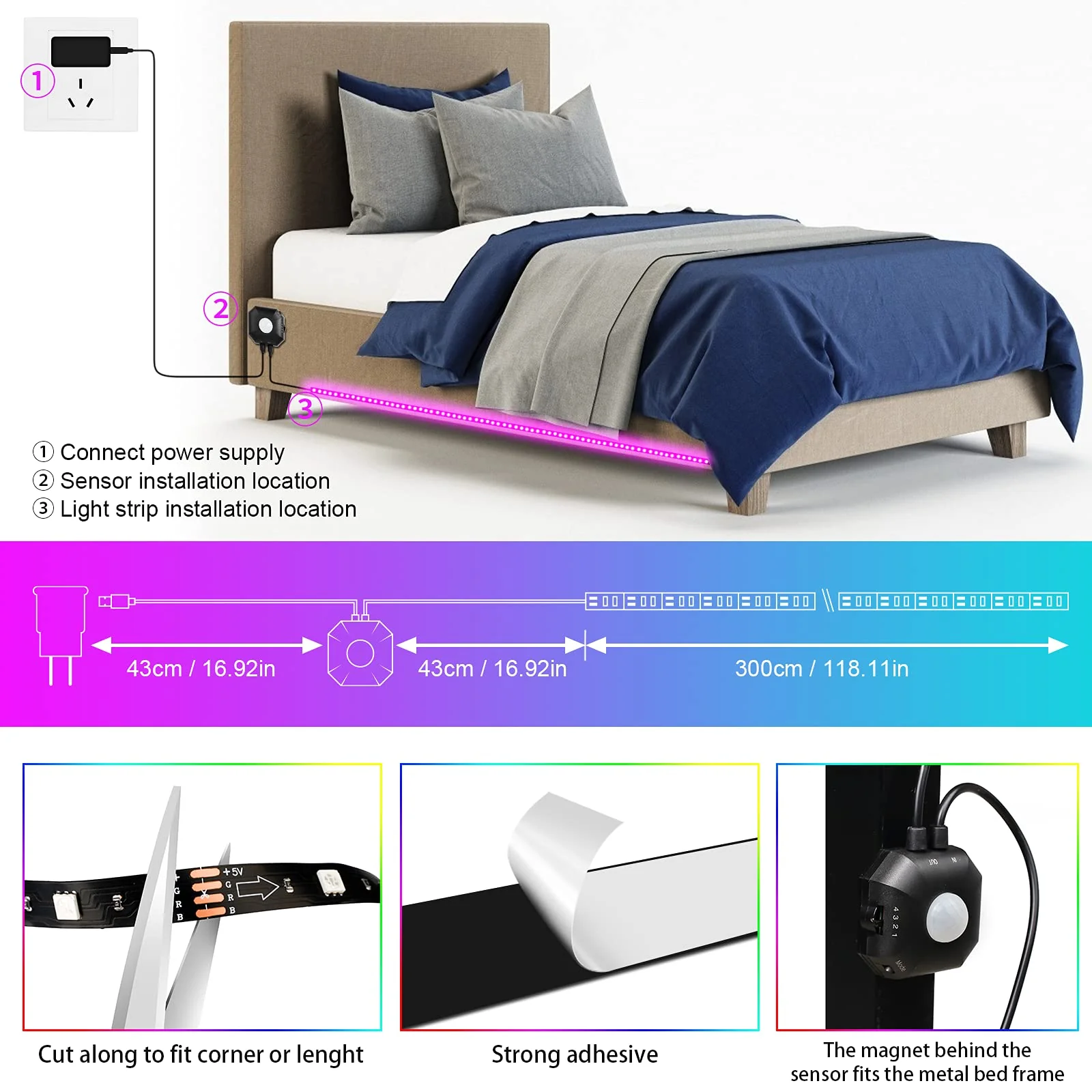 Under Bed Lights 2 Set*9.84ft Motion Activated RGB LED Strip Light, App Control/Variety Color/Dimmable/Dynamic Music Sync/5V USB, Motion Sensor LED Strip Light for Bed Cabinet Staircase Bedroom 2 Sets - Image 4