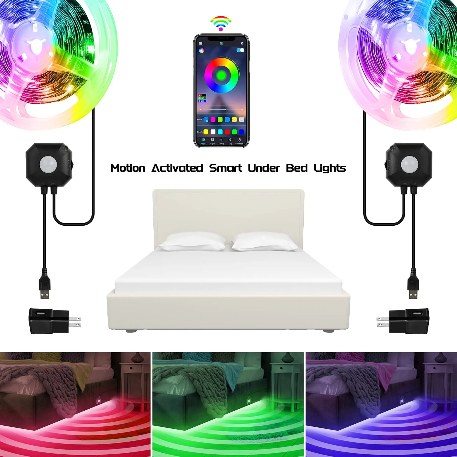 Under Bed Lights 2 Set*9.84ft Motion Activated RGB LED Strip Light, App Control/Variety Color/Dimmable/Dynamic Music Sync/5V USB, Motion Sensor LED Strip Light for Bed Cabinet Staircase Bedroom 2 Sets - Image 5