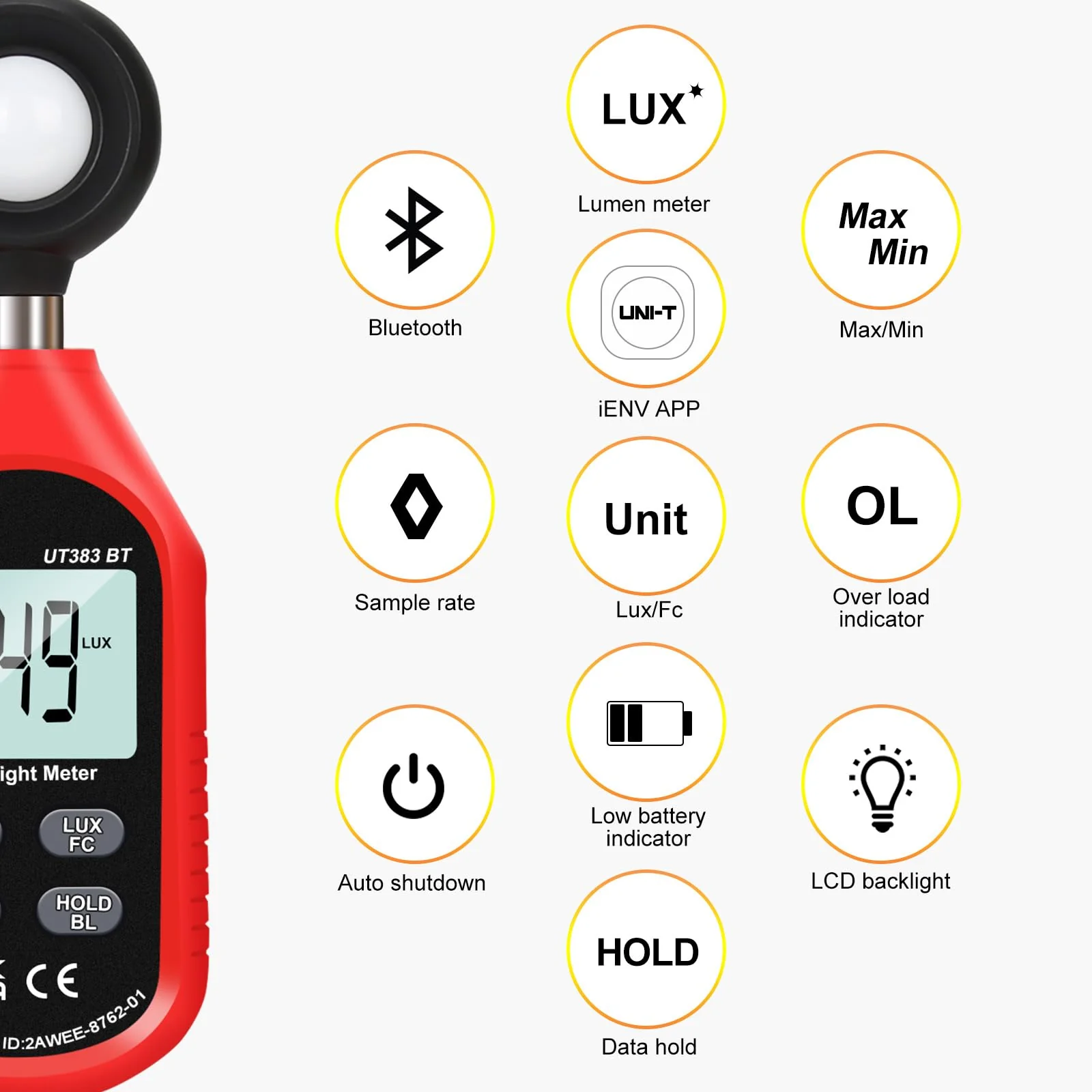 UNI-T Light Meter UT383BT Lux Meter Lumens Digital Illuminance Meter 0~199900 Lux (0~18500 FC) Foot Candles Luxmeter for Film Photography Plants Photometer Lighting Intensity Brightness Measurement - Image 2