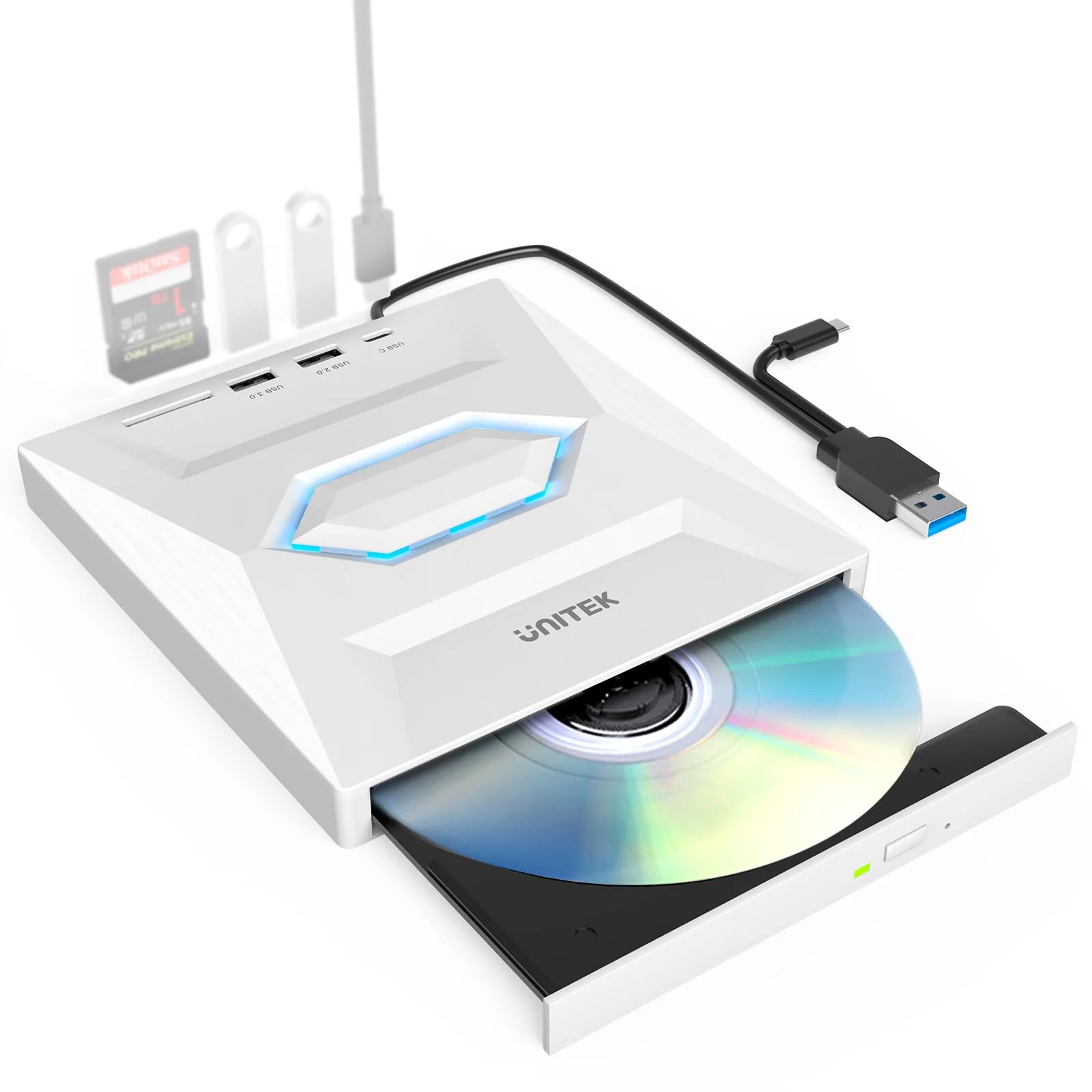 Unitek External CD/DVD Drive USB C Portable DVD Player with SD Card Slots 3 USB Ports CD ROM Burner External Disk Drive Optical Compatible with Laptop Desktop Mac Windows 11/10/8/7 Linux 5-IN-1 WHITE