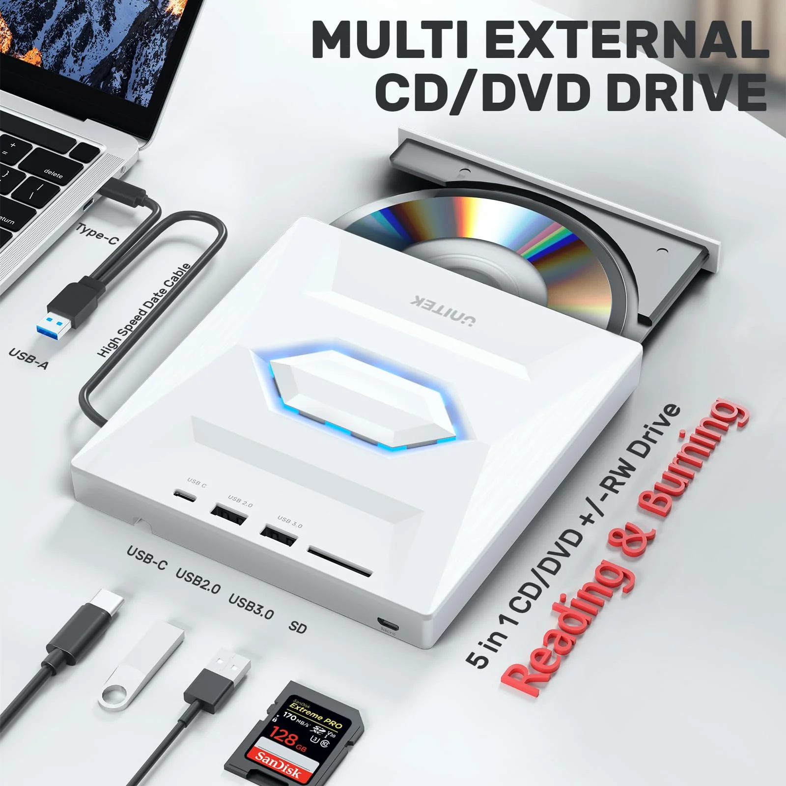 Unitek External CD/DVD Drive USB C Portable DVD Player with SD Card Slots 3 USB Ports CD ROM Burner External Disk Drive Optical Compatible with Laptop Desktop Mac Windows 11/10/8/7 Linux 5-IN-1 WHITE - Image 2