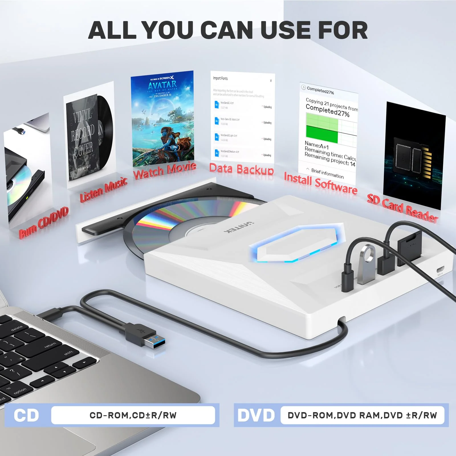 Unitek External CD/DVD Drive USB C Portable DVD Player with SD Card Slots 3 USB Ports CD ROM Burner External Disk Drive Optical Compatible with Laptop Desktop Mac Windows 11/10/8/7 Linux 5-IN-1 WHITE - Image 3