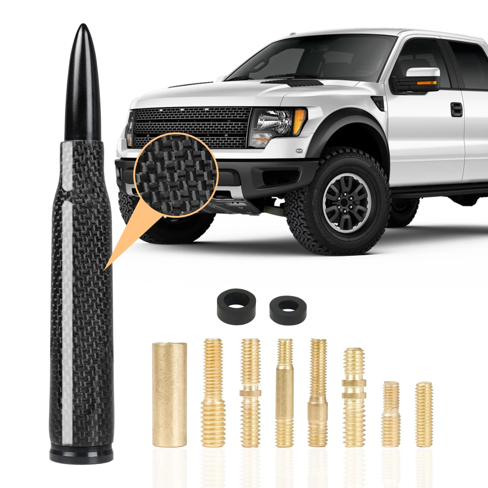 Universal Carbon Fiber 50 Cal Bullet Short Truck Antenna Fits for All Chevy GMC Ford Jeep Dodge Toyota 5.5" AM/FM Radio Antenna for All Truck Car Accessories(Black+Carbon Fiber) Black+Carbon Fiber