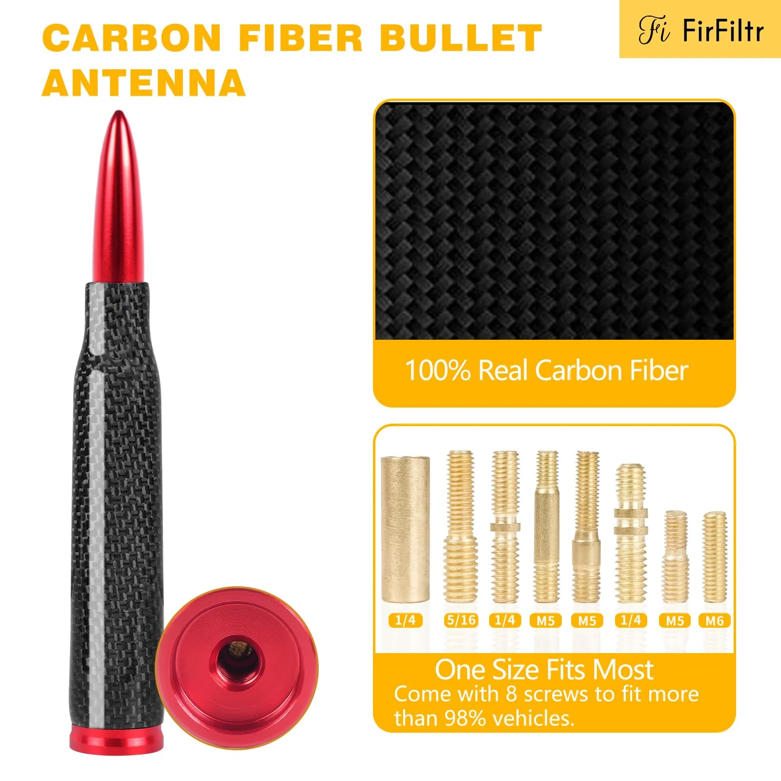 Universal Carbon Fiber 50 Cal Bullet Short Truck Antenna Fits for All Chevy GMC Ford Jeep Dodge Toyota 5.5" AM/FM Radio Antenna for All Truck Car Accessories(Black+Carbon Fiber) Black+Carbon Fiber - Image 2