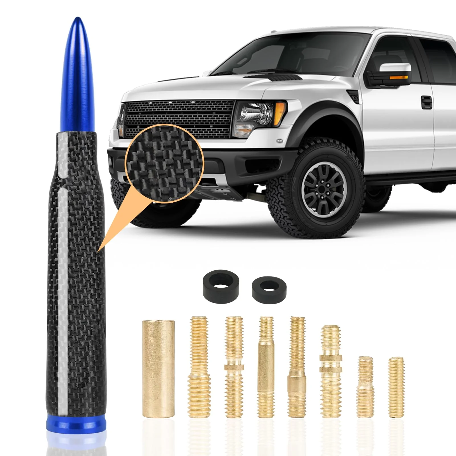 Universal Carbon Fiber 50 Cal Bullet Short Truck Antenna Fits for All Chevy GMC Ford Jeep Dodge Toyota 5.5" AM/FM Radio Antenna for All Truck Car Accessories(Blue+Carbon Fiber) Blue+Carbon Fiber