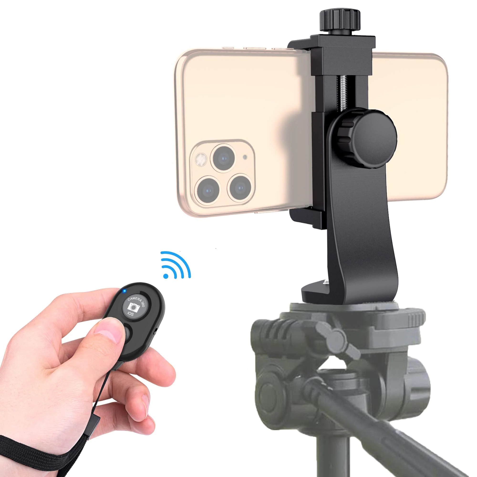 Universal Phone Tripod Mount Adapter with Ｗireless Camera Remote , Cell Phone Holder with Adjustable Clamp for Selfie Stick Monopod Compatible with iPhone, Samsung and so on , Wrist Strap Included Black