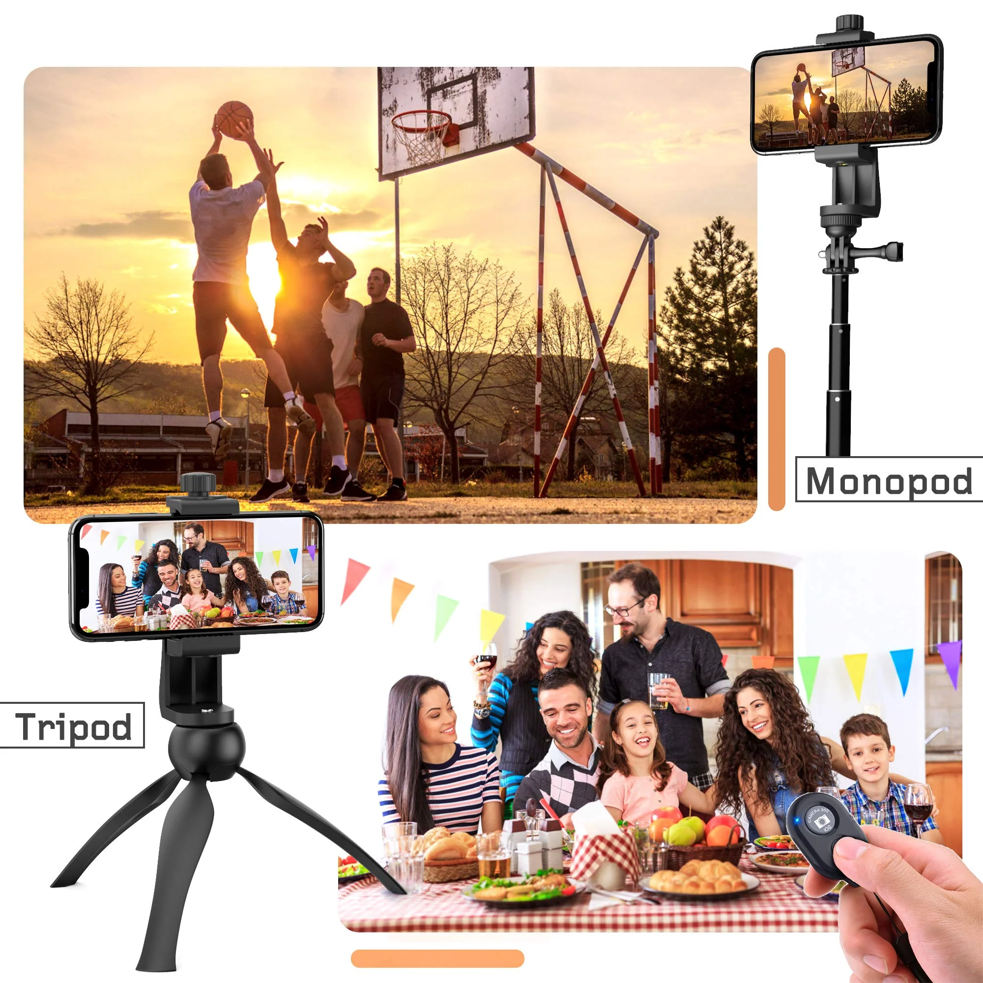 Universal Phone Tripod Mount Adapter with Ｗireless Camera Remote , Cell Phone Holder with Adjustable Clamp for Selfie Stick Monopod Compatible with iPhone, Samsung and so on , Wrist Strap Included Black - Image 6