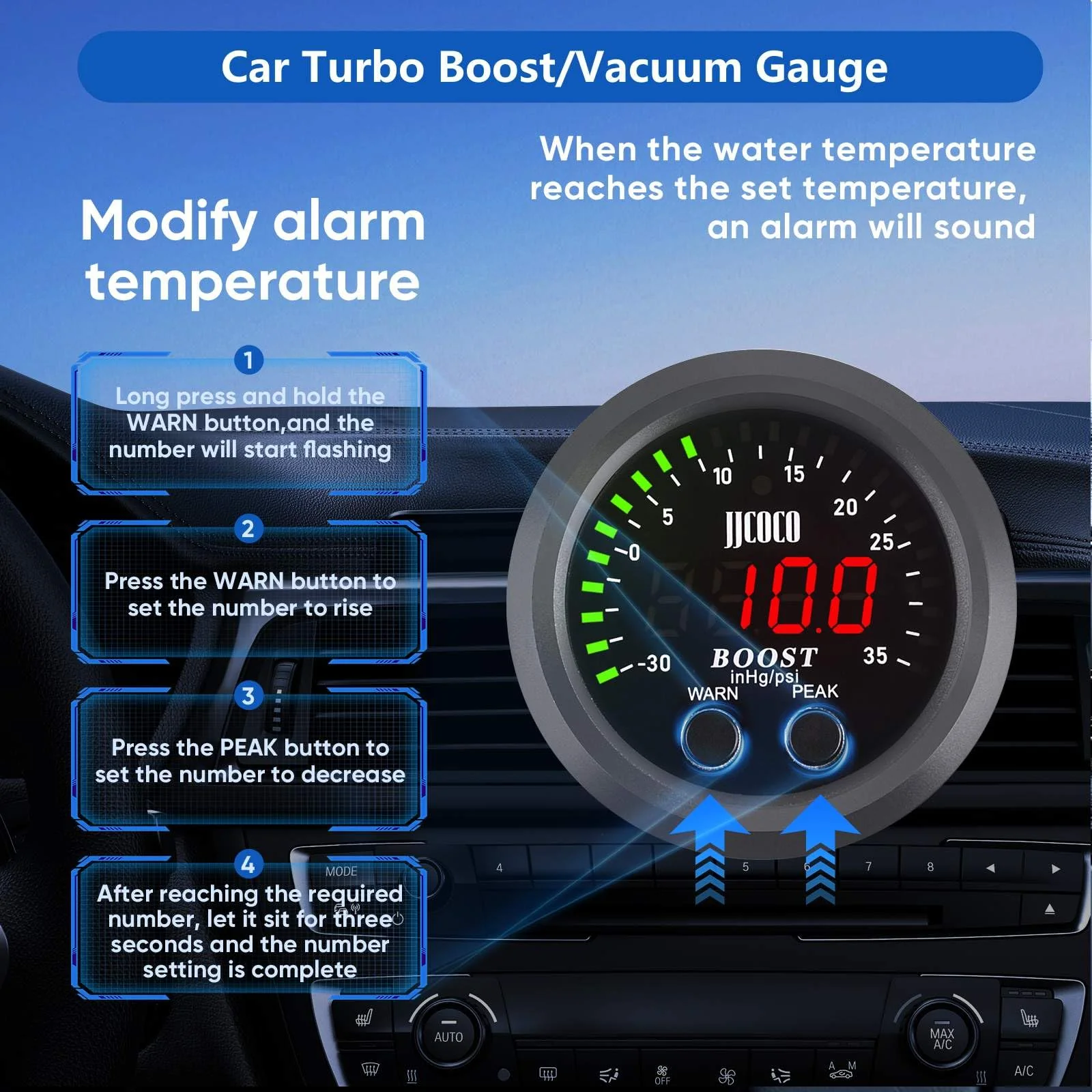 Universal Turbo Boost/Vacuum Gauge Kit Includes Electronic Pressure Sensor Red LED Light PSI Meter - for Car Truck - 2-1/16" - Image 3