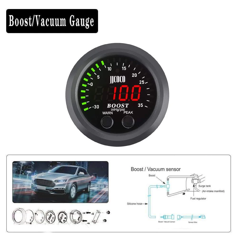 Universal Turbo Boost/Vacuum Gauge Kit Includes Electronic Pressure Sensor Red LED Light PSI Meter - for Car Truck - 2-1/16" - Image 6