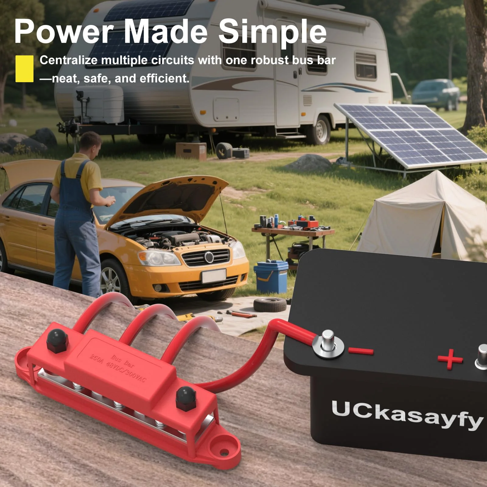 Upgraded Bus Bar 250A 12V Power Distribution Block with 5/16" (M8) 4-Posts Terminals Block with Cover for Automotive, Marine, Battery System (Black & Red) Upgrade250A-5/16''(M8) Black & Red - Image 2