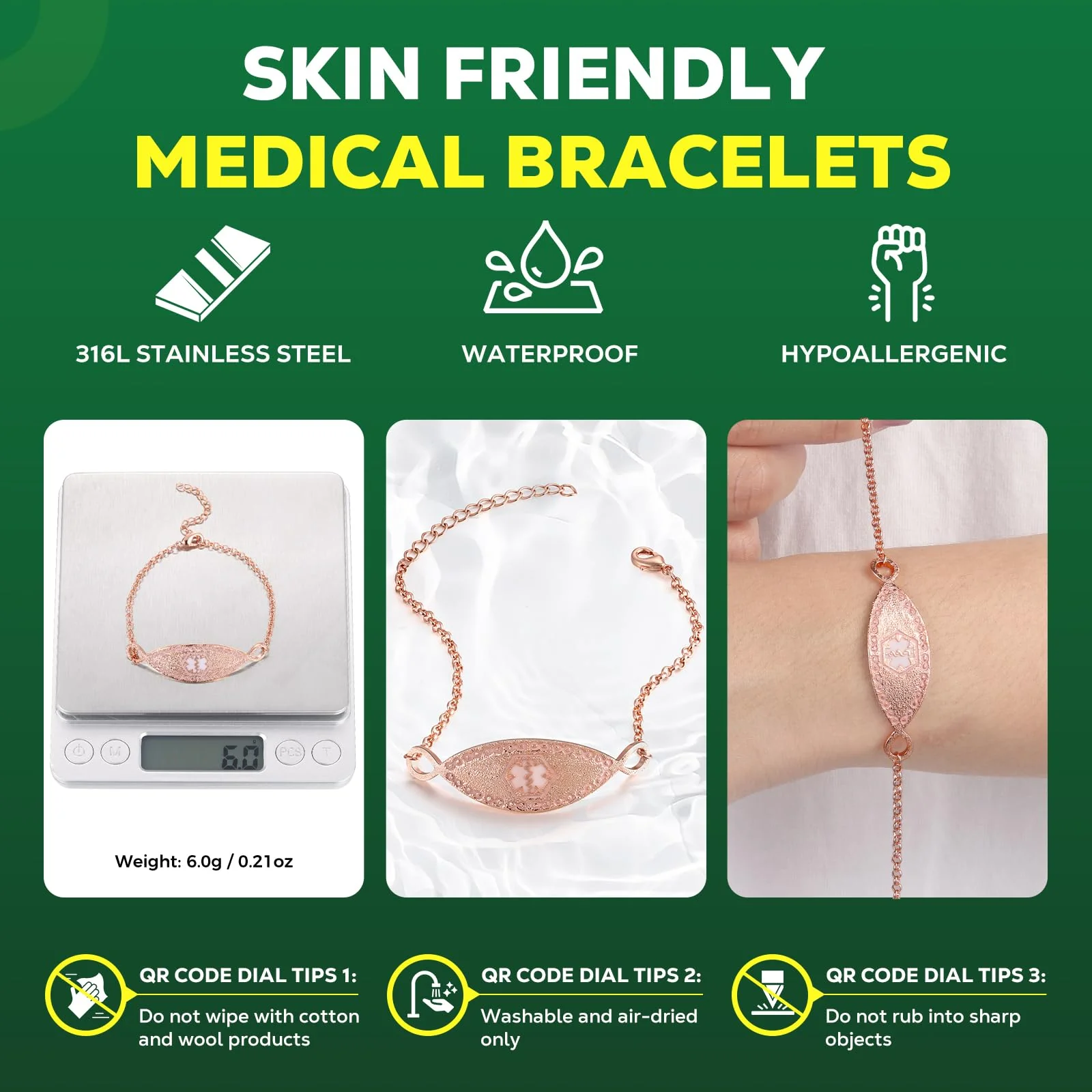 Upgraded Medical Bracelets Men Women with QR Code Medical Alert ID Bracelets - Titanium Steel Wristband Fits Wrists Up 8''-10'' - More Space Custom Emergency Med ID Info 7~8.85‘’ Cable Chain - Rose Gold - Image 2