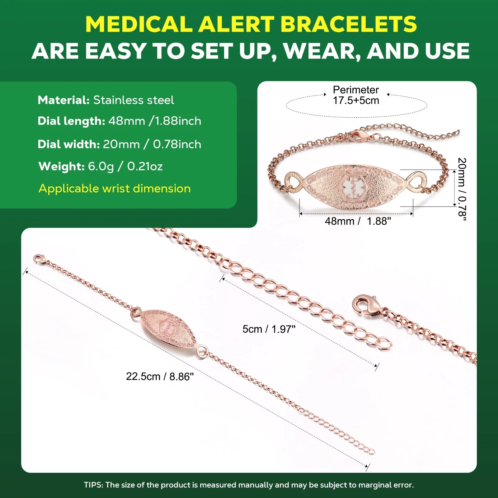 Upgraded Medical Bracelets Men Women with QR Code Medical Alert ID Bracelets - Titanium Steel Wristband Fits Wrists Up 8''-10'' - More Space Custom Emergency Med ID Info 7~8.85‘’ Cable Chain - Rose Gold - Image 3