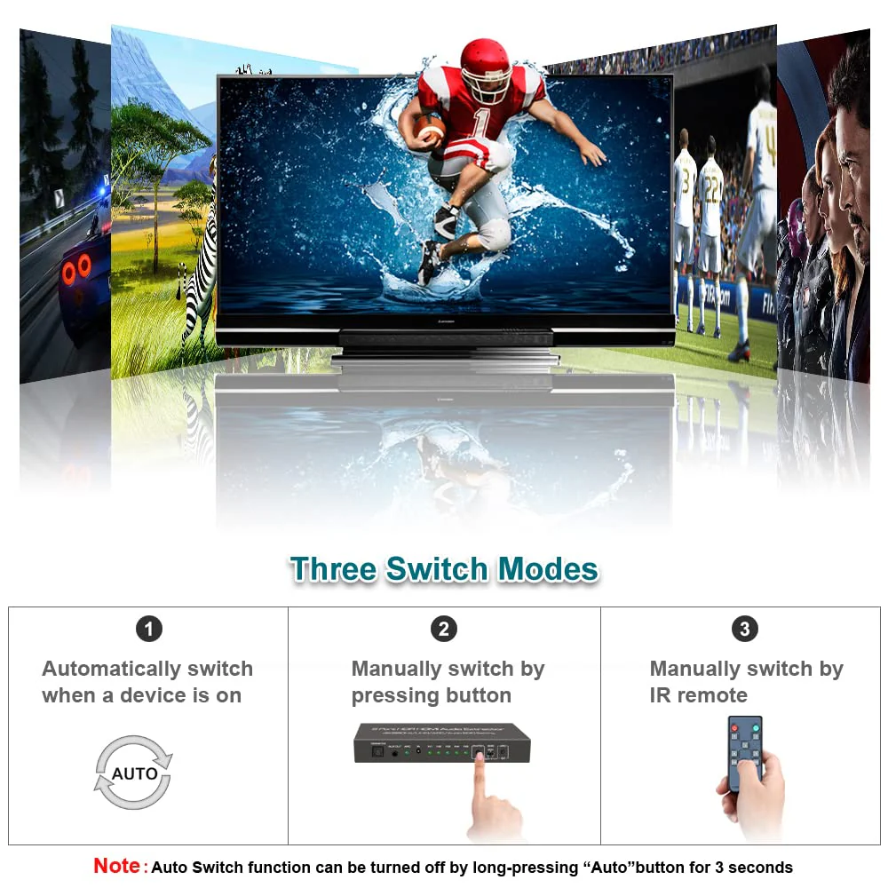 (Upgraded) SkycropHD 5 Port 4K@60Hz HDMI Switch with Optical & 3.5mm AUX Audio Out, 5 in 1 Out HDMI 2.0 Switch Audio Extractor with Remote,Support ARC, HDCP 2.2, HDR10, 18Gbps - Image 5