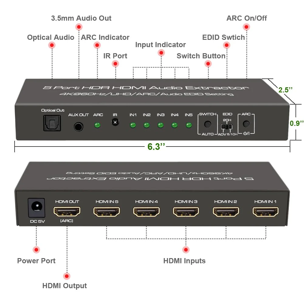 (Upgraded) SkycropHD 5 Port 4K@60Hz HDMI Switch with Optical & 3.5mm AUX Audio Out, 5 in 1 Out HDMI 2.0 Switch Audio Extractor with Remote,Support ARC, HDCP 2.2, HDR10, 18Gbps - Image 7