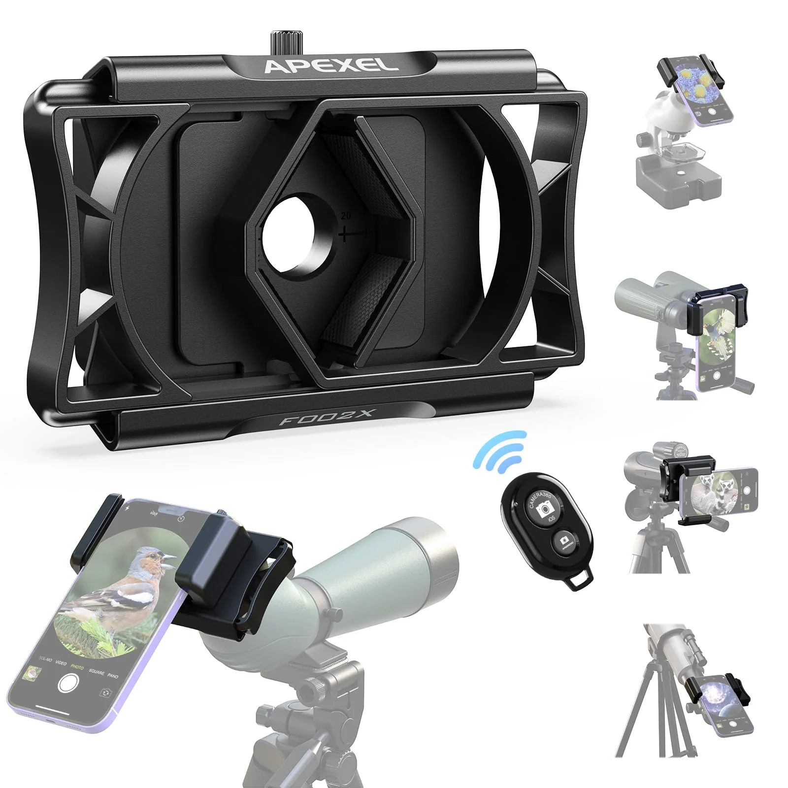 Upgraded Telescope Phone Adapter, Rotatable 360° Binocular Photo Adapter for Android & iPhone,Smartphone Holder Mount for Telescope,Monocular,Binocular,Spotting Scope,Microscope with Bluetooth Shutter Black