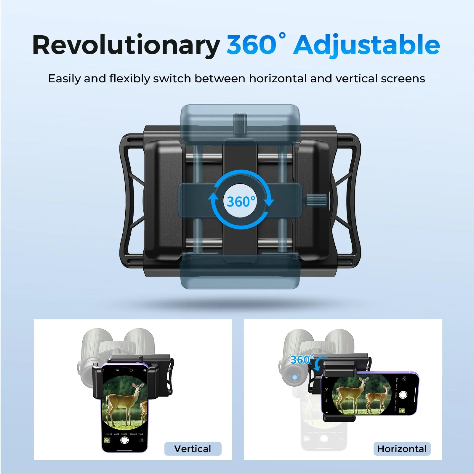 Upgraded Telescope Phone Adapter, Rotatable 360° Binocular Photo Adapter for Android & iPhone,Smartphone Holder Mount for Telescope,Monocular,Binocular,Spotting Scope,Microscope with Bluetooth Shutter Black - Image 2