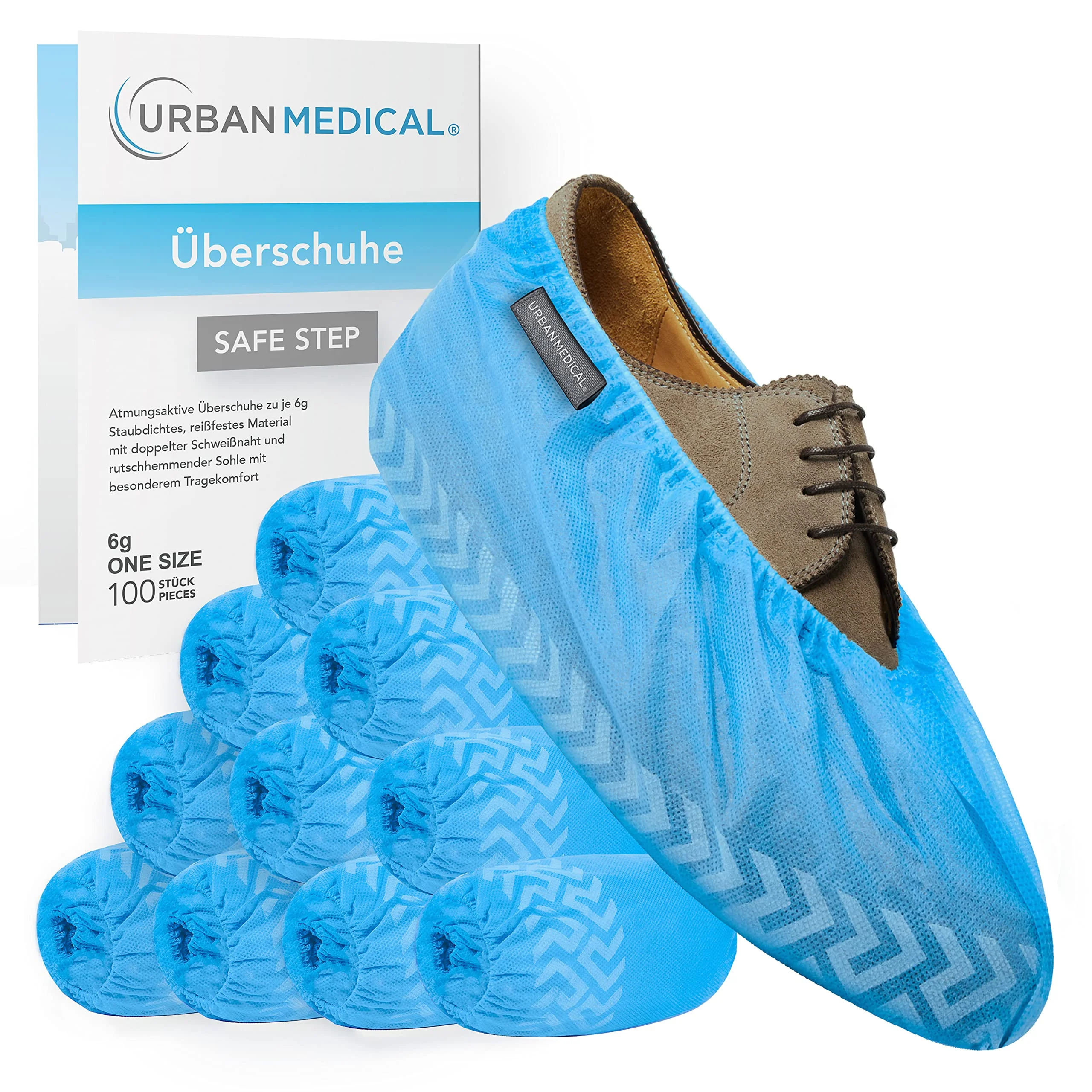URBAN MEDICAL 100 x Breathable 6 g Disposable / Reusable Shoe Covers with Non-Slip Sole - Safe Step - Tear-Resistant and Puncture Proof - Overshoes for Indoor and Outdoor Use - One Size