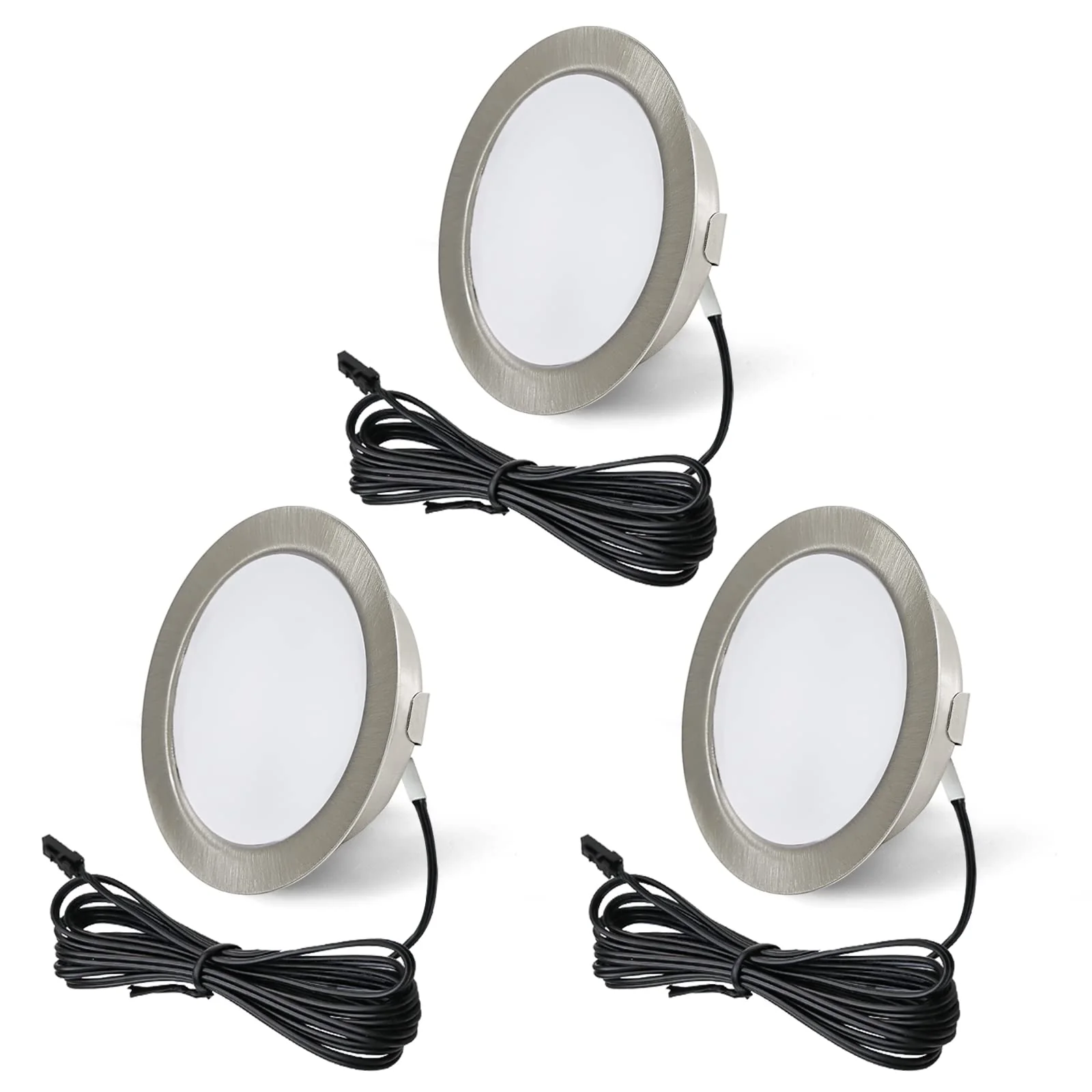 URing Set of 3 LED Recessed Spotlights 12 V 3000 K Warm White 3.5 W, Flat 12 V 300 LM Bore Hole 55-58 mm and 15 mm, Dimmable Furniture Recessed Spotlights, LED Spot 12 V with 2 m Cable, Nickel 3000K WarmweiĆ