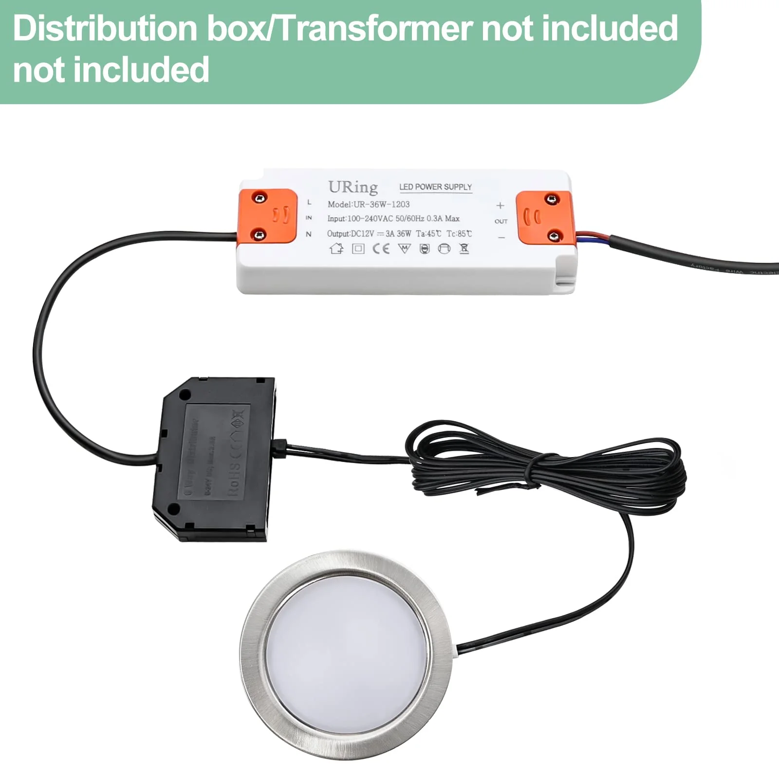 URing Set of 3 LED Recessed Spotlights 12 V 3000 K Warm White 3.5 W, Flat 12 V 300 LM Bore Hole 55-58 mm and 15 mm, Dimmable Furniture Recessed Spotlights, LED Spot 12 V with 2 m Cable, Nickel 3000K WarmweiĆ - Image 3