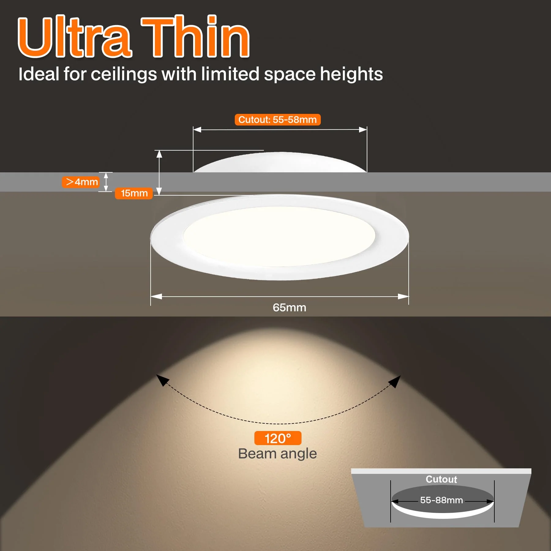 URing Set of 3 LED Recessed Spotlights, 12 V, Dimmable, 3 W Ceiling Spotlights, 55-58 mm Spotlights, 12 V, 3000 K, Warm White, 4000 K, Neutral White, 6000 K, Cool White, Recessed Spotlights, LED 15 mm - Image 3