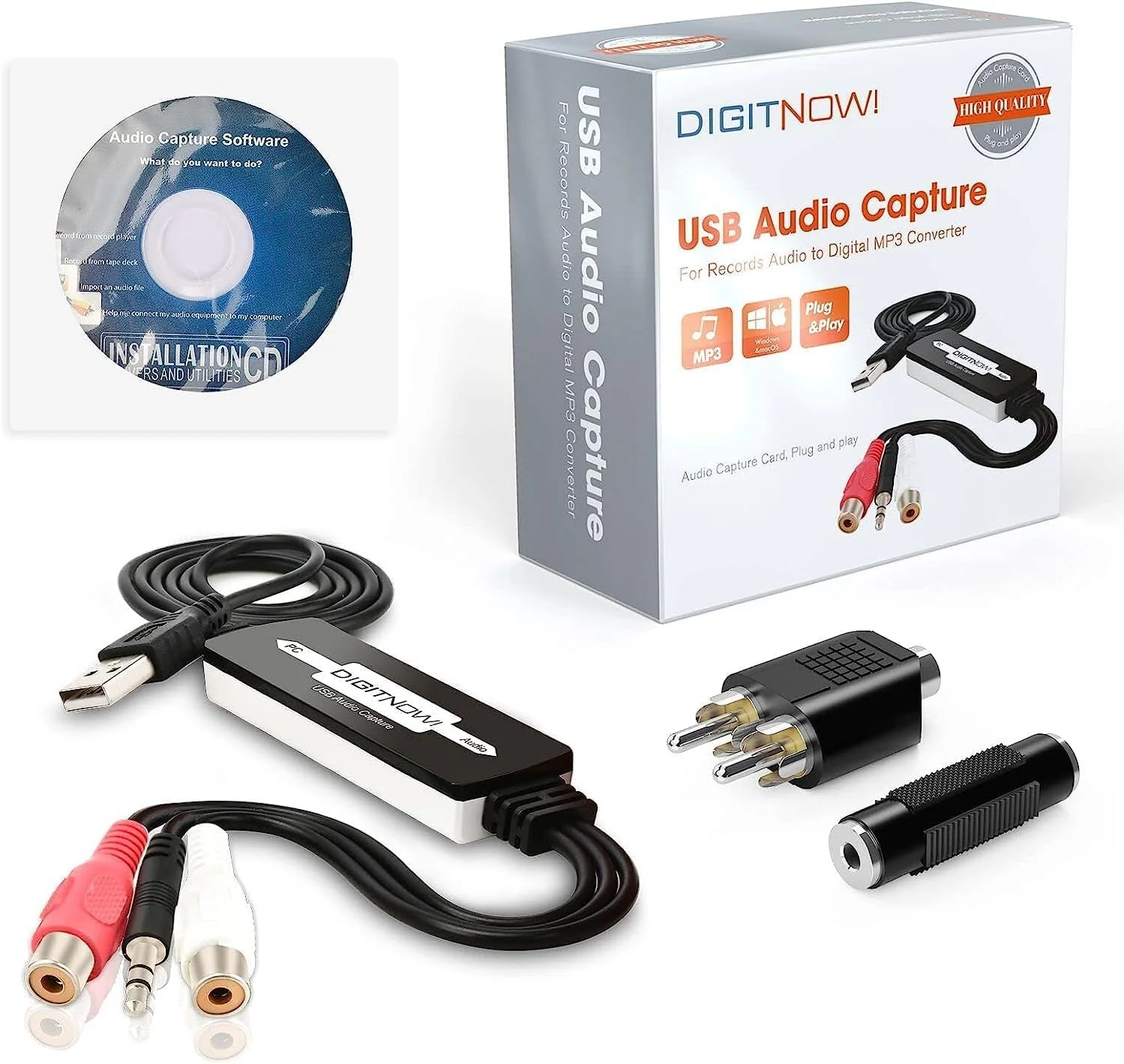 USB 2.0 Audio Capture Card for Vinyl Records, Audio Grabber for Cassette Tapes to Digital MP3 Converter with Stereo RCA/3.5mm Music Interface, Support Mac & Windows 7/8/10/XP/Vista