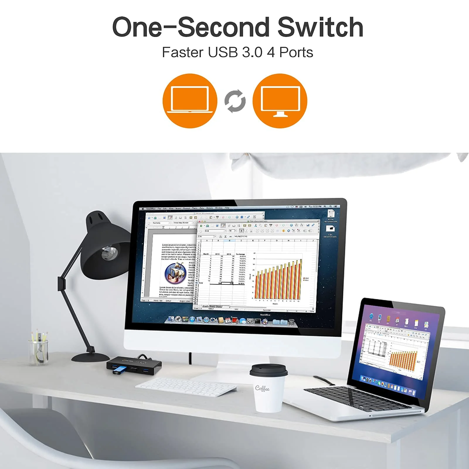 USB 3.0 Switch Selector, ULBRE Soho KVM Switches 4 Ports Sharing 2 Computers USB Switcher Km Switch Adapter Hub for Wired Mouse Keyboard PC Printer Scanner One Button - Image 3