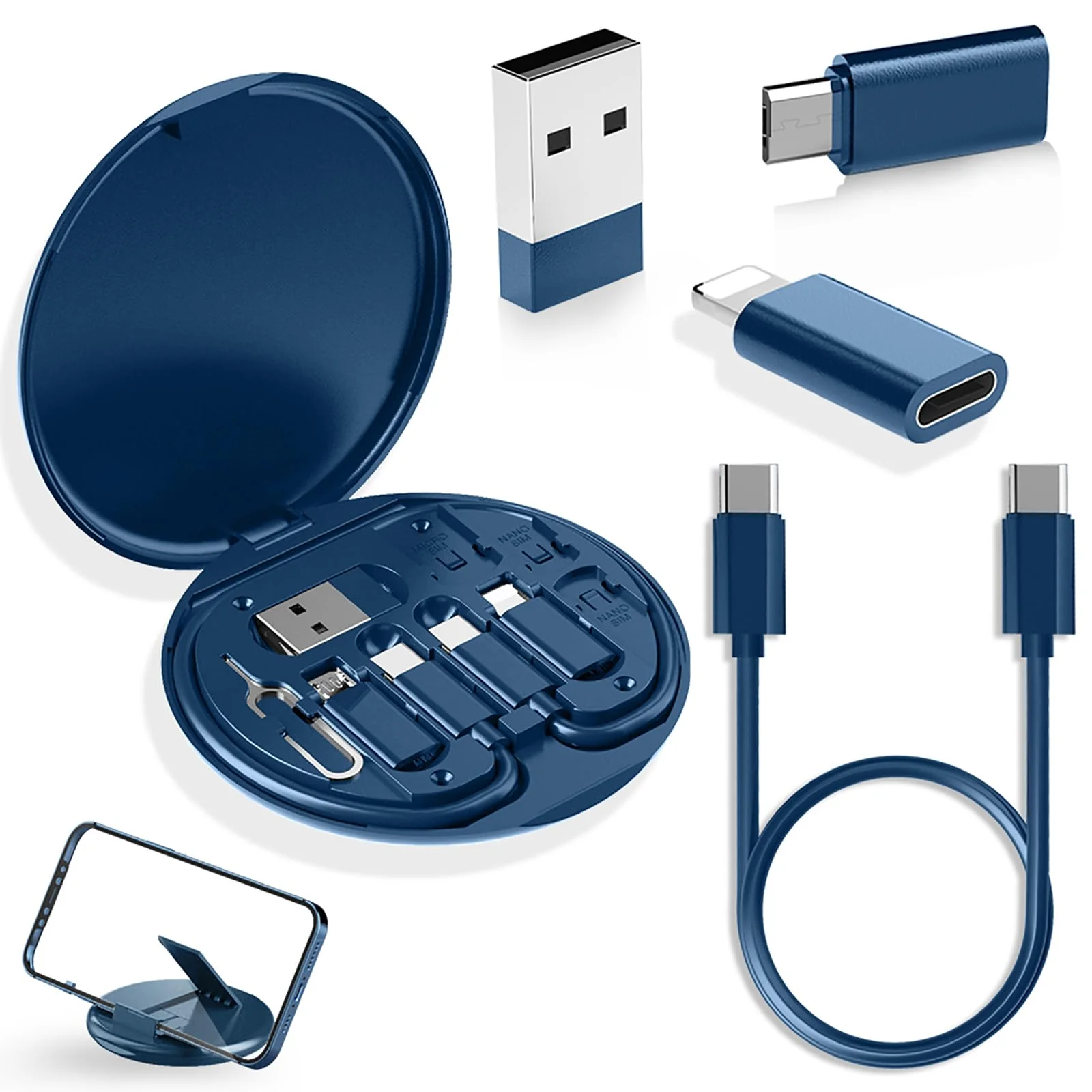USB Adapter, Micro USB Charging Cable with USB C Lighting Adapter, Lighting to USB C Adapter, Multi Charging Cable Storage Box Contains SIM Card Holder Blue