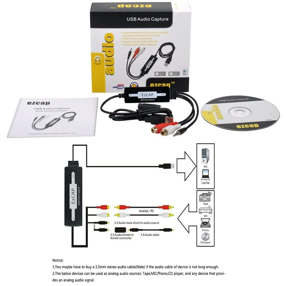 USB Audio Capture Recorder Card Converts Turntable LP/Cassette Tape Audio to MP3/WAV Digital Music Converter Adapter, Support/Vista/7/8/8.1/10 and - Image 2