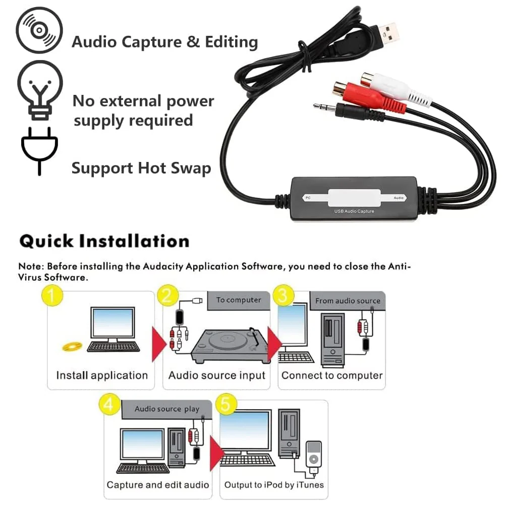 USB Audio Capture Recorder Card Converts Turntable LP/Cassette Tape Audio to MP3/WAV Digital Music Converter Adapter, Support/Vista/7/8/8.1/10 and - Image 3