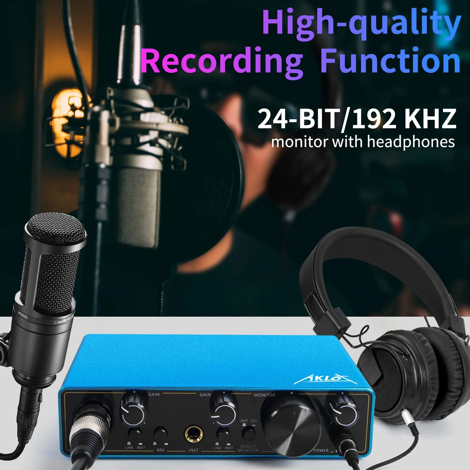 USB Audio Interface, AKLOT Xrl Audio Interfaces, for the Guitarist, Vocalist, Podcaster or Producer, 24-bit/192 kHz High-Fidelity, Studio Quality Recording, 2 In 2 Out Audio Interfaces for PC/Win/Mac 2In-2Out Blue - Image 5