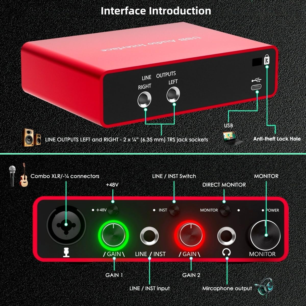 USB Audio Interface for PC, 48V Phantom Power Audio Interface for Computer Recording Music, Podcasting, and Streaming, 24-Bit/192kHz, XLR & 1/4” Combo Connectors, LINE/INST Input - Image 4