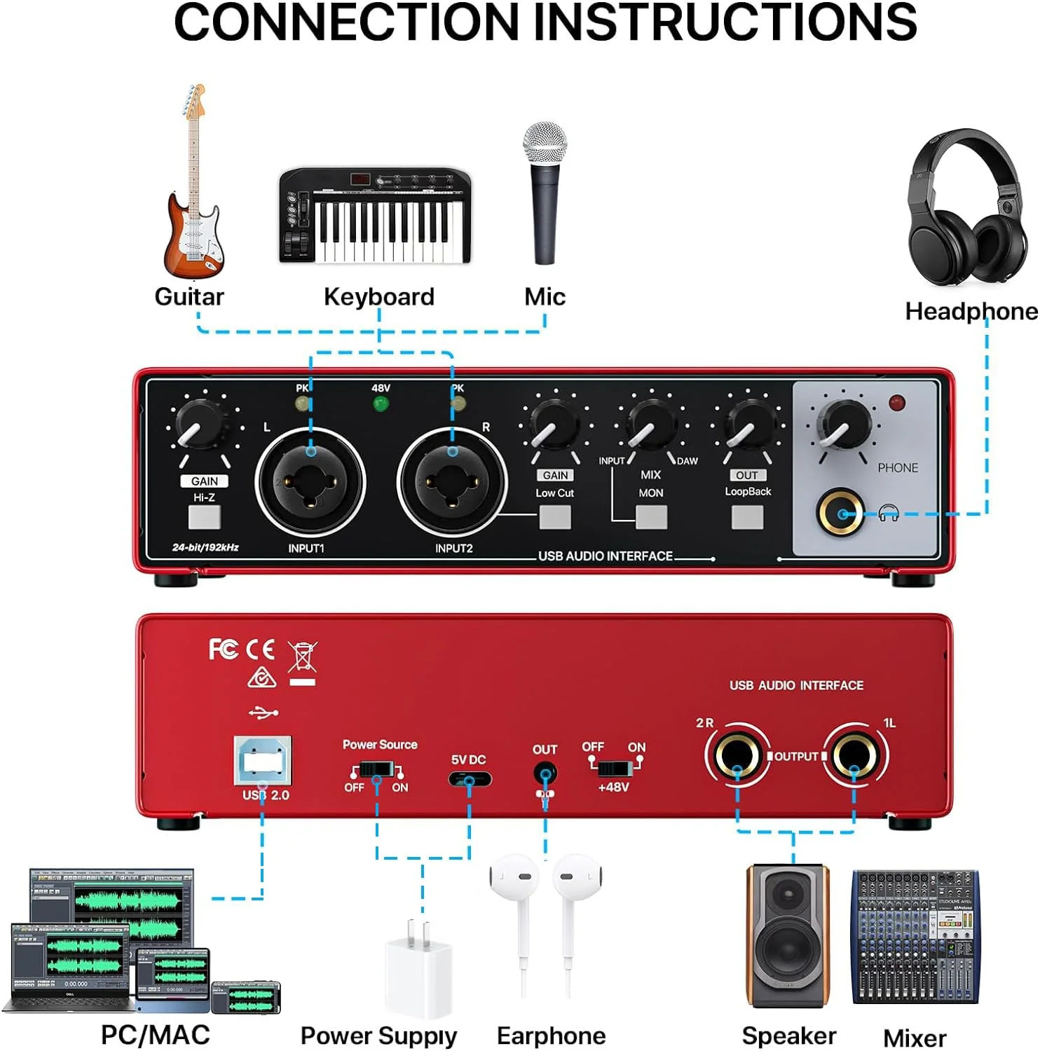 USB Audio Interface for PC Computer Recording Music, Red 2x2 Guitar Audio Interface for Mac 24Bit/192kHz Podcasting Streaming for Vocalist Producer with 48V Phantom Power - Image 2