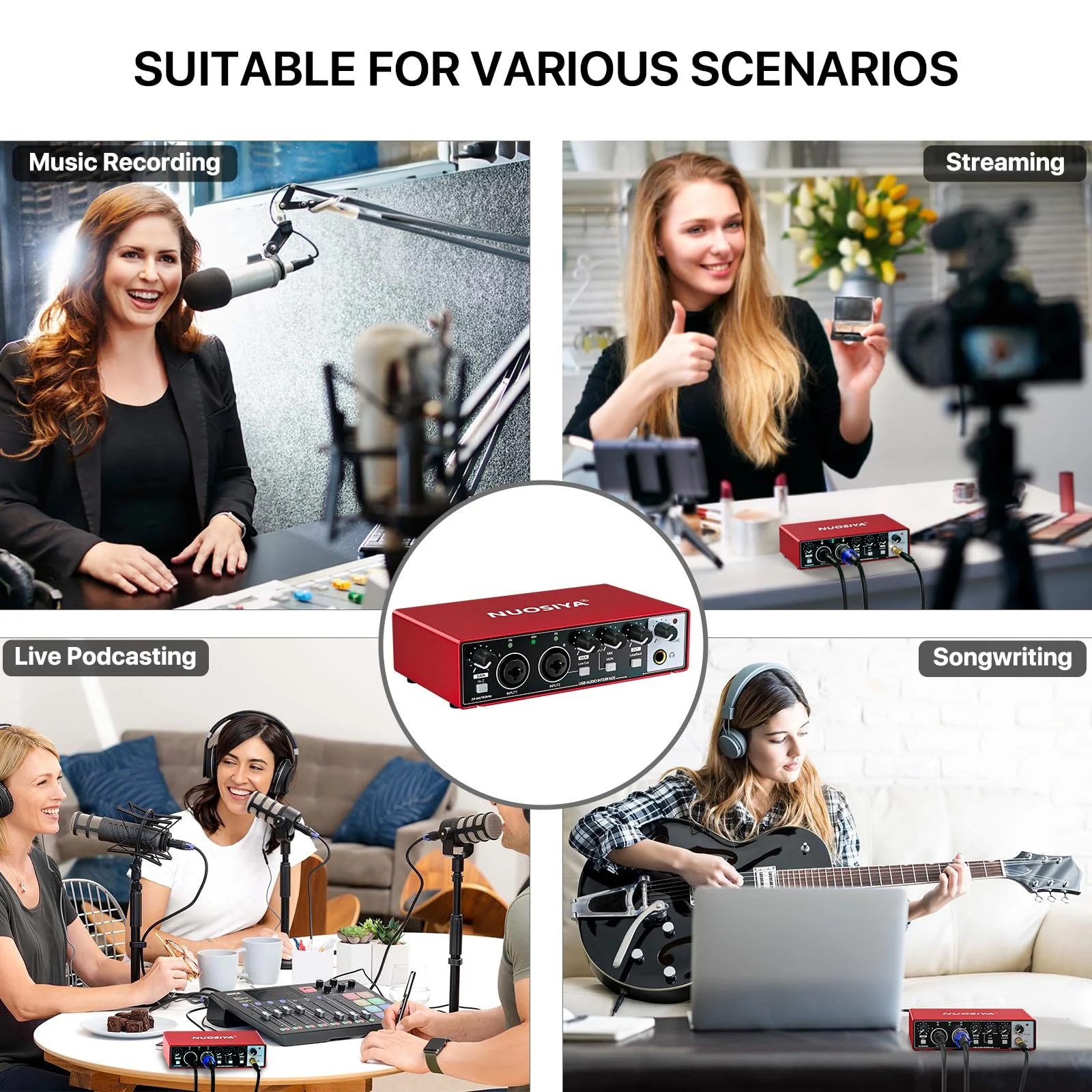 USB Audio Interface for PC Computer Recording Music, Red 2x2 Guitar Audio Interface for Mac 24Bit/192kHz Podcasting Streaming for Vocalist Producer with 48V Phantom Power - Image 3