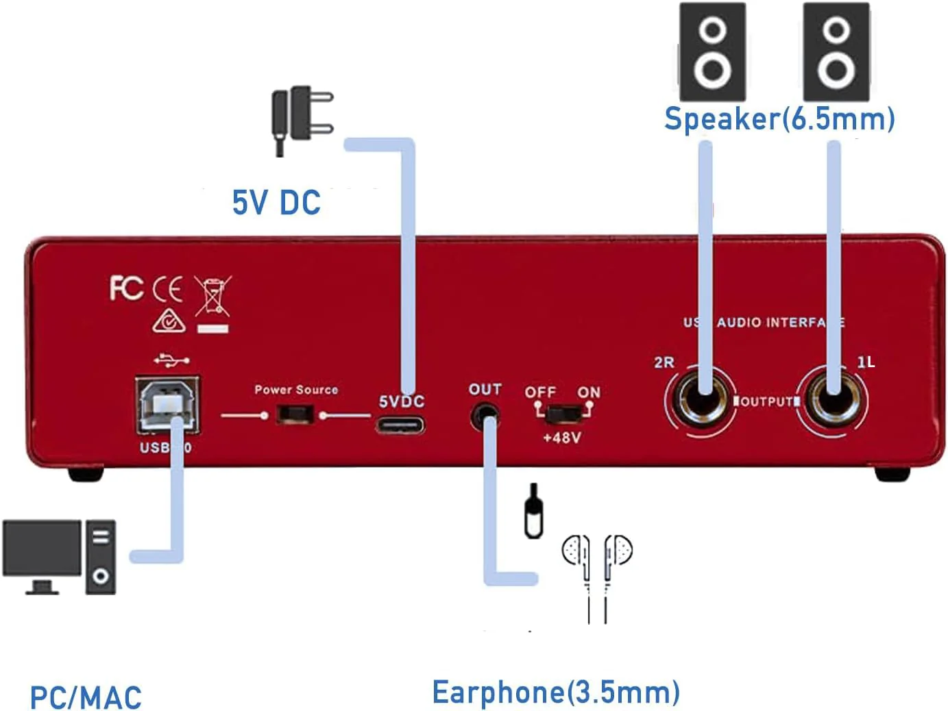USB Audio Interface, Interface for Recording Music, USB2.0 Studio Equipment for Mac/PC, XLR Input, 24Bit/192kHz, Plug & Play, 48V Phantom Power, Red - Image 4