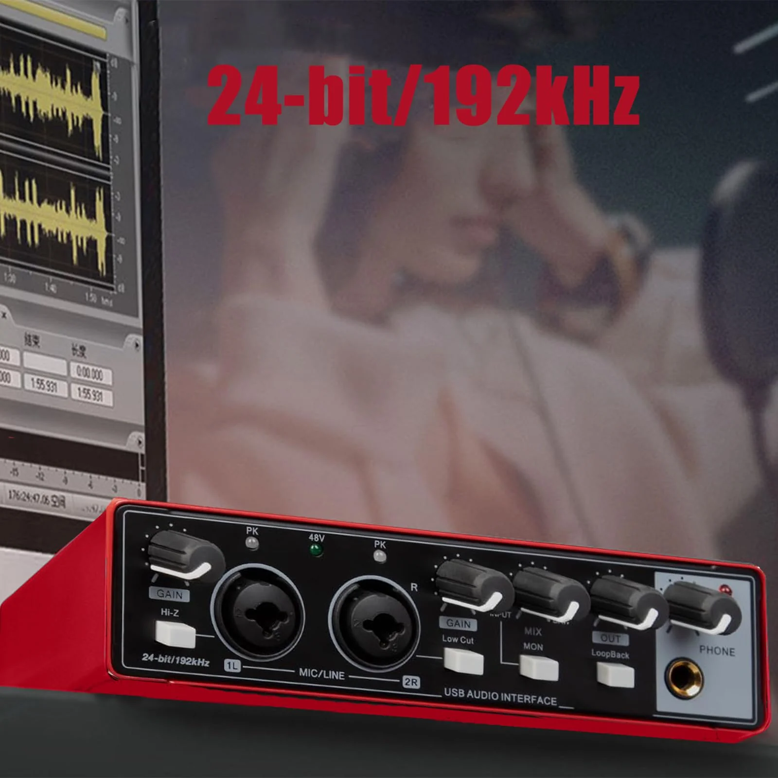 USB Audio Interface, Interface for Recording Music, USB2.0 Studio Equipment for Mac/PC, XLR Input, 24Bit/192kHz, Plug & Play, 48V Phantom Power, Red - Image 5