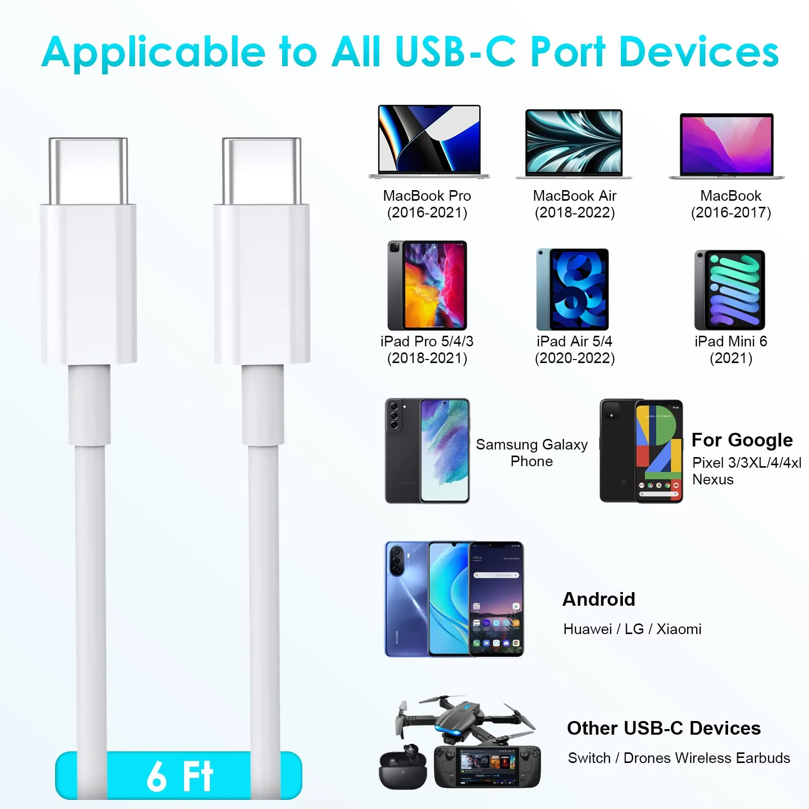 USB C Cable 2 Pieces 1.8 m 60 W USB C to USB C Fast Charging Cable for iPhone 15/15Pro/15ProMax, Samsung S23/S22/S21 Series, Huawei P50 P40 P30 Type-C Devices etc Pack of 2, 1.8 yards - Image 7