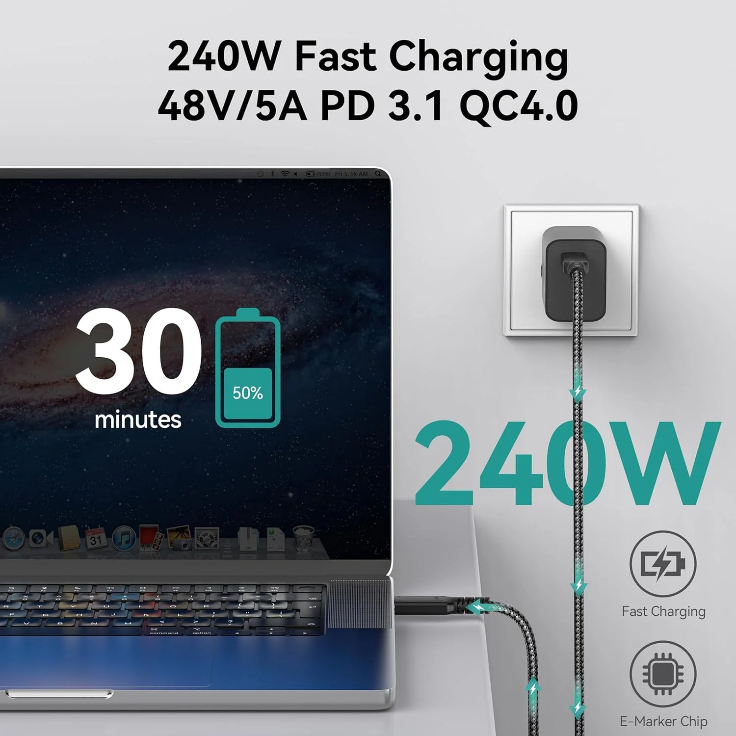 USB C Cable 6.6Ft, USB 4 Cable for Thunderbolt 4 Cable 40Gbps Sync/8K HD Display 240W Fast Charging for Samsung Galaxy S24, MacBook, iPhone 16, iPad, Hub, Docking and More 1 - Image 3