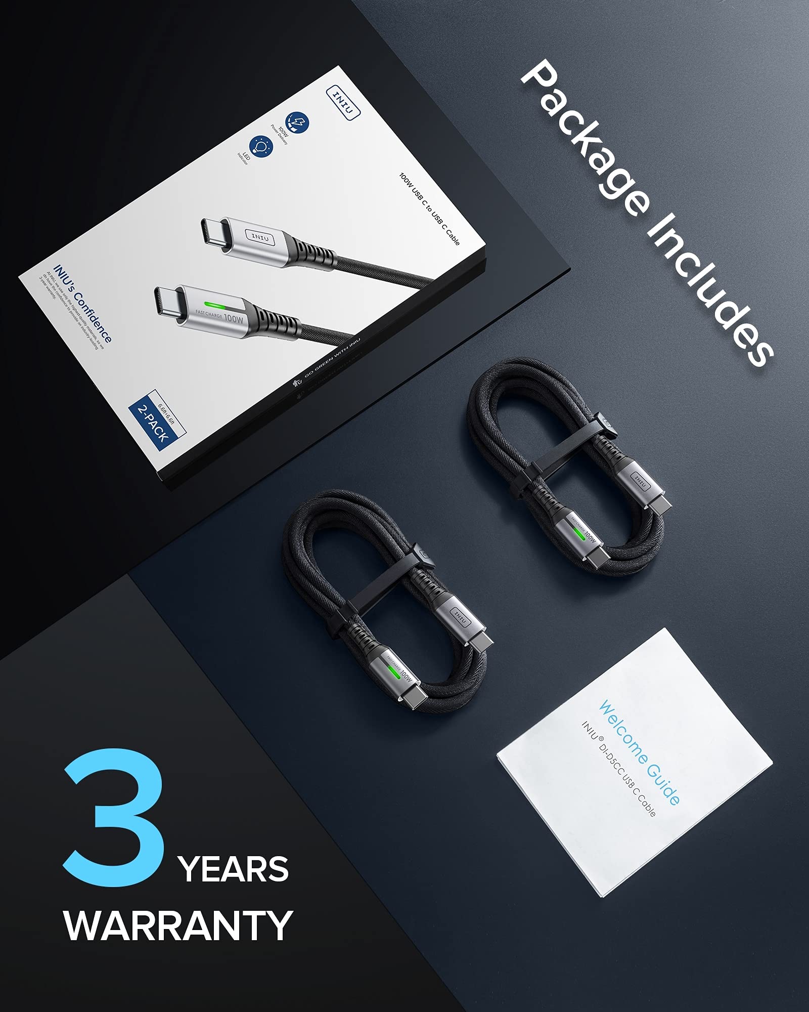 USB C Cable, INIU 100W PD 5A QC 4.0 Fast Charging USB C to USB C Cable, (2-Pack 6.6ft+6.6ft) Nylon Braided Type C Data Cable for Samsung S20+ S10 Note 10 iPad Pro MacBook Pro Google Pixel etc - Image 7