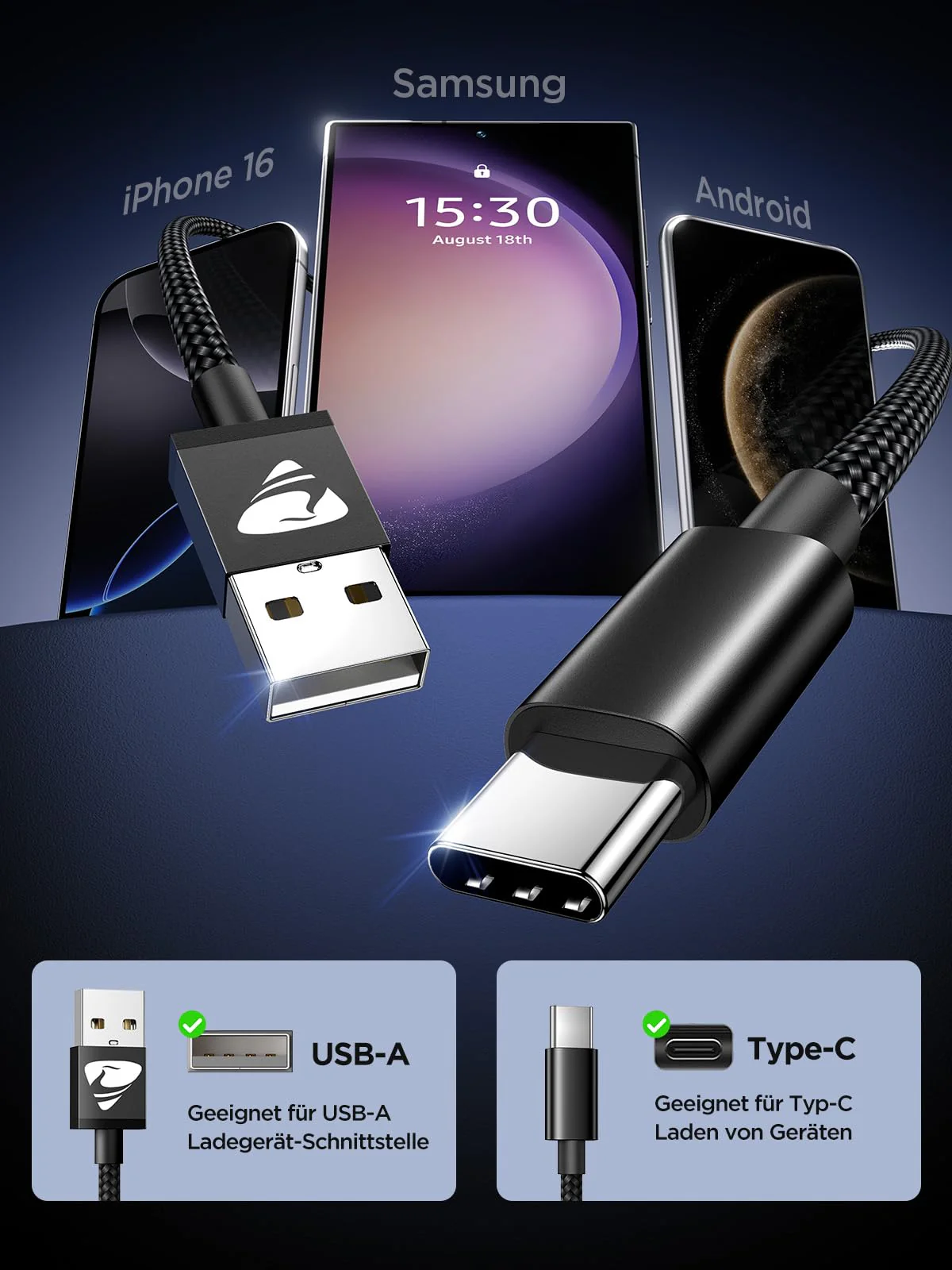 USB C Cable, [Pack of 2 2 m] 3.1A Charging Cable USB C Nylon Type C Fast Charging Cable USB to USB C Cable for Samsung Galaxy S25 S24 S23 S22 Ultra S9 S8 A55 A54 A52 A51, Note 10, iPhone 16 15, Huawei 2 m + 2 m black - Image 2