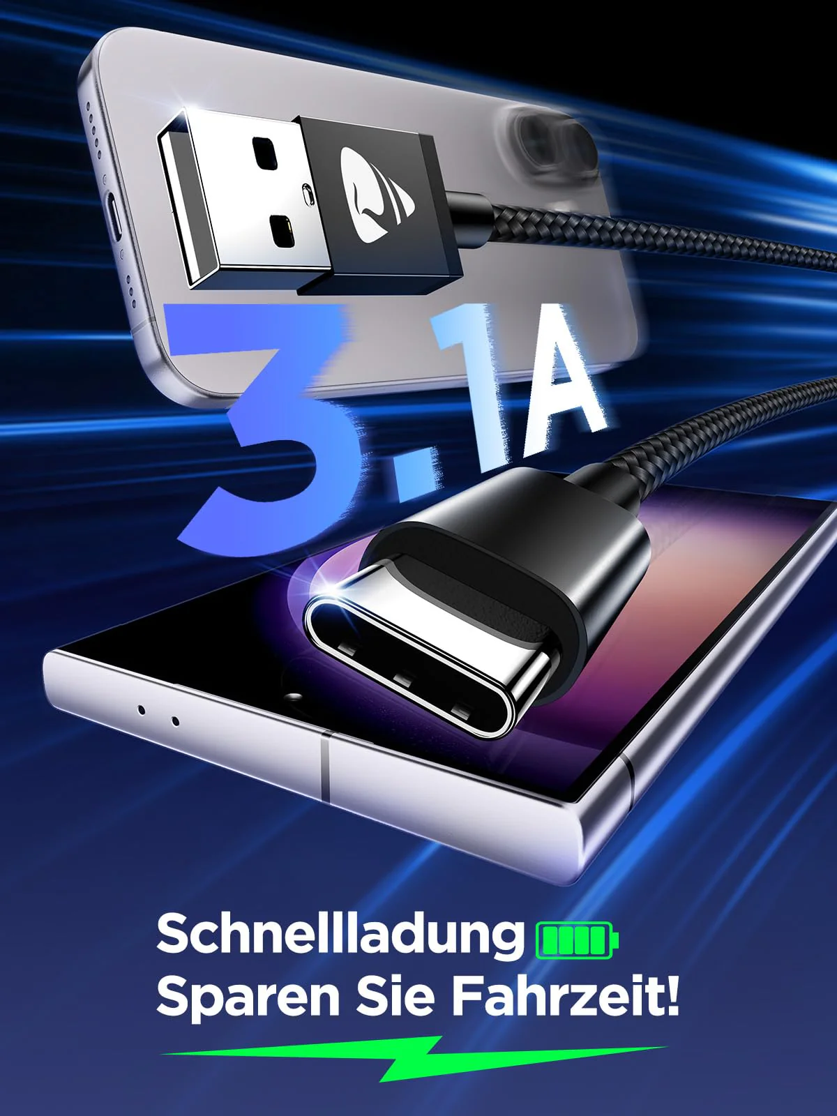USB C Cable, [Pack of 2 2 m] 3.1A Charging Cable USB C Nylon Type C Fast Charging Cable USB to USB C Cable for Samsung Galaxy S25 S24 S23 S22 Ultra S9 S8 A55 A54 A52 A51, Note 10, iPhone 16 15, Huawei 2 m + 2 m black - Image 3