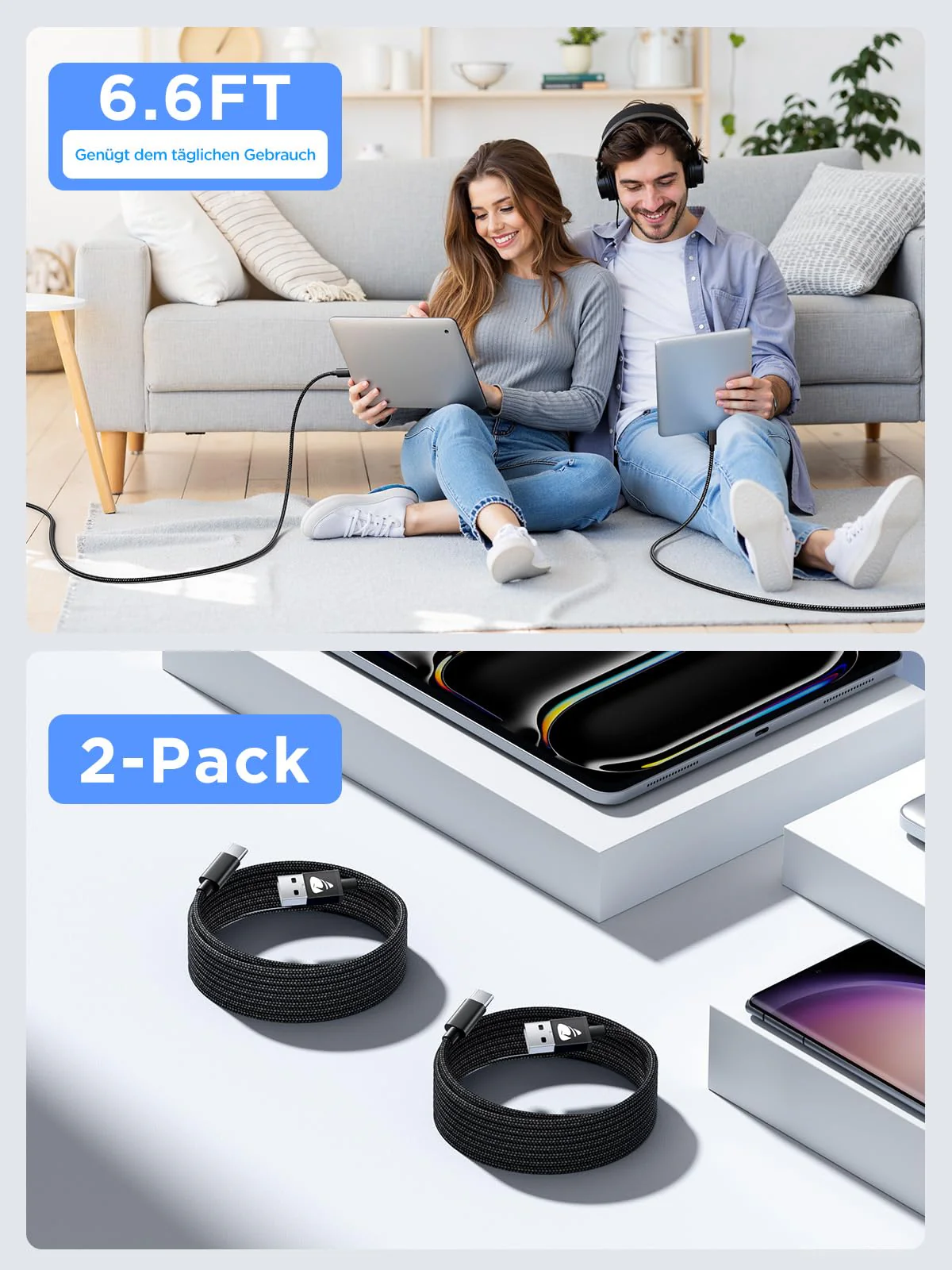USB C Cable, [Pack of 2 2 m] 3.1A Charging Cable USB C Nylon Type C Fast Charging Cable USB to USB C Cable for Samsung Galaxy S25 S24 S23 S22 Ultra S9 S8 A55 A54 A52 A51, Note 10, iPhone 16 15, Huawei 2 m + 2 m black - Image 8