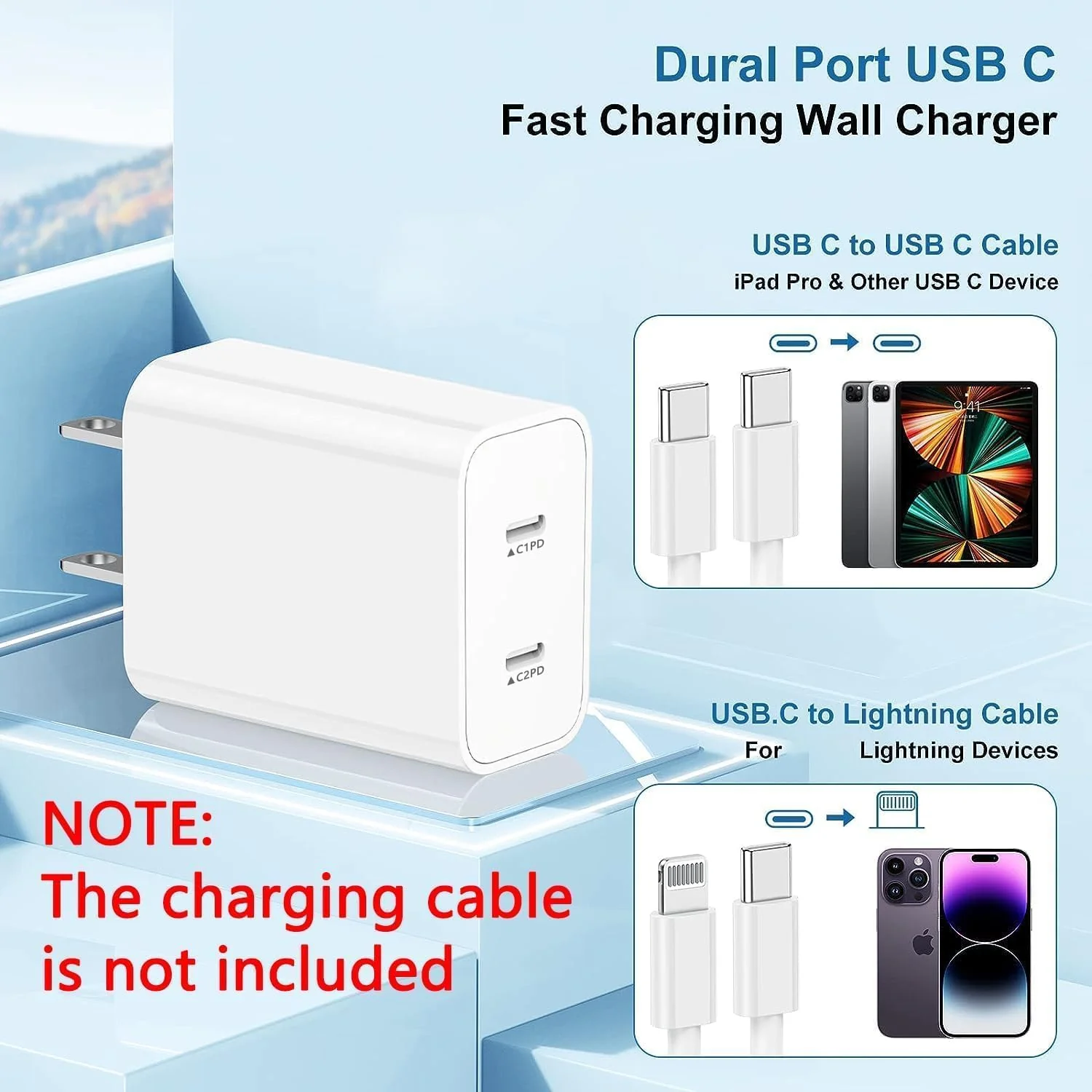 USB C Fast Charger Block,USB C Charging Block 2-Pack USB C 2in1 Dual Ports Plug Wall Charger, Fast Type C Charger for iPhone 16/16 Pro/15 Pro Max/15 Plus/14/13/12/11/Xs Max/XR/X,iPad white - Image 4