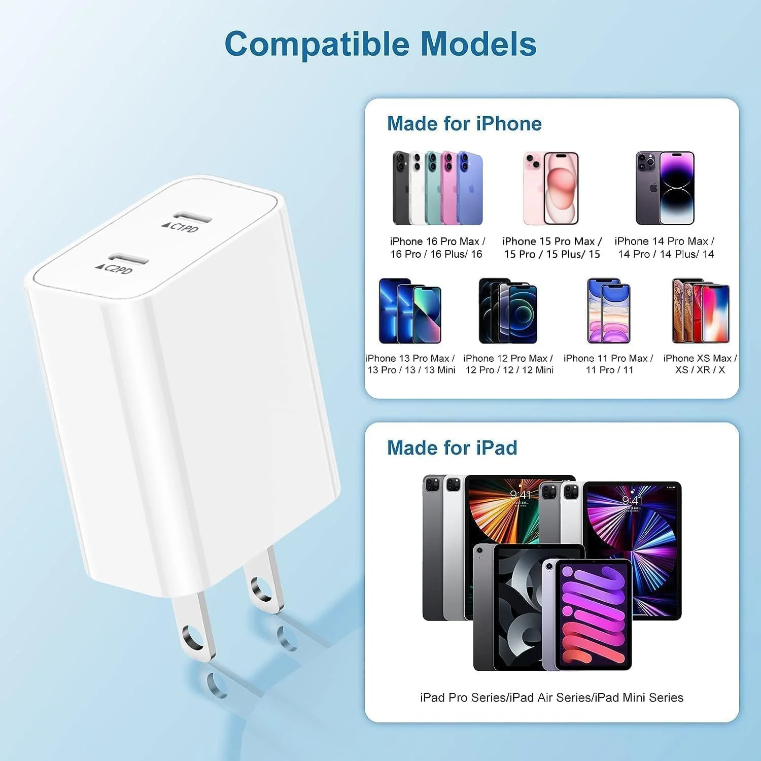 USB C Fast Charger Block,USB C Charging Block 2-Pack USB C 2in1 Dual Ports Plug Wall Charger, Fast Type C Charger for iPhone 16/16 Pro/15 Pro Max/15 Plus/14/13/12/11/Xs Max/XR/X,iPad white - Image 7
