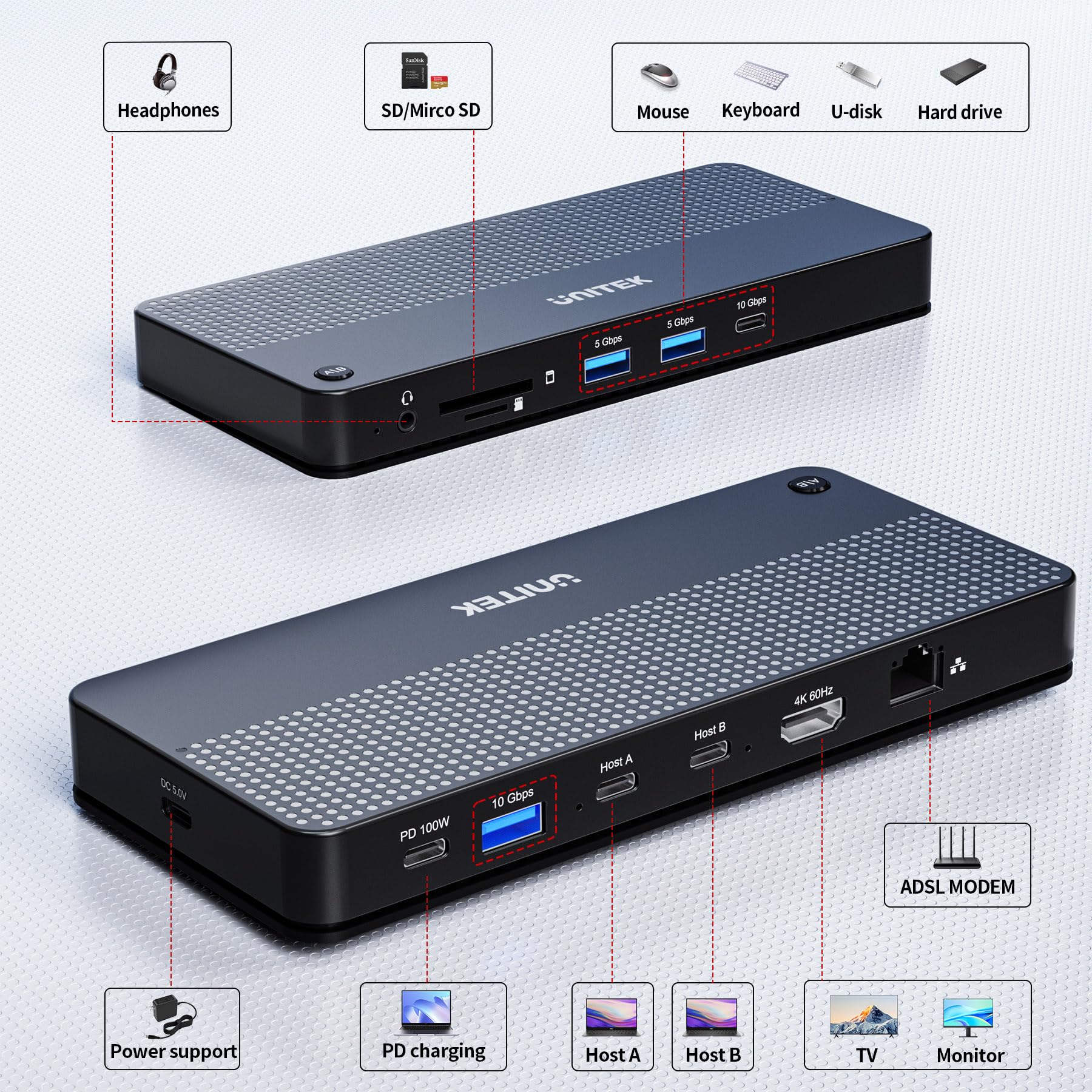USB C KVM Switch HDMI 4K@60Hz Unitek Switches Selector 2 Computers Sharing HD Monitor,Mouse, Keyboard,Printer, Scanner, One Button Switch Adapter with 2 Pack USB C Cables, Thunderbolt 3 Compatible All-in-One KVM - Image 3